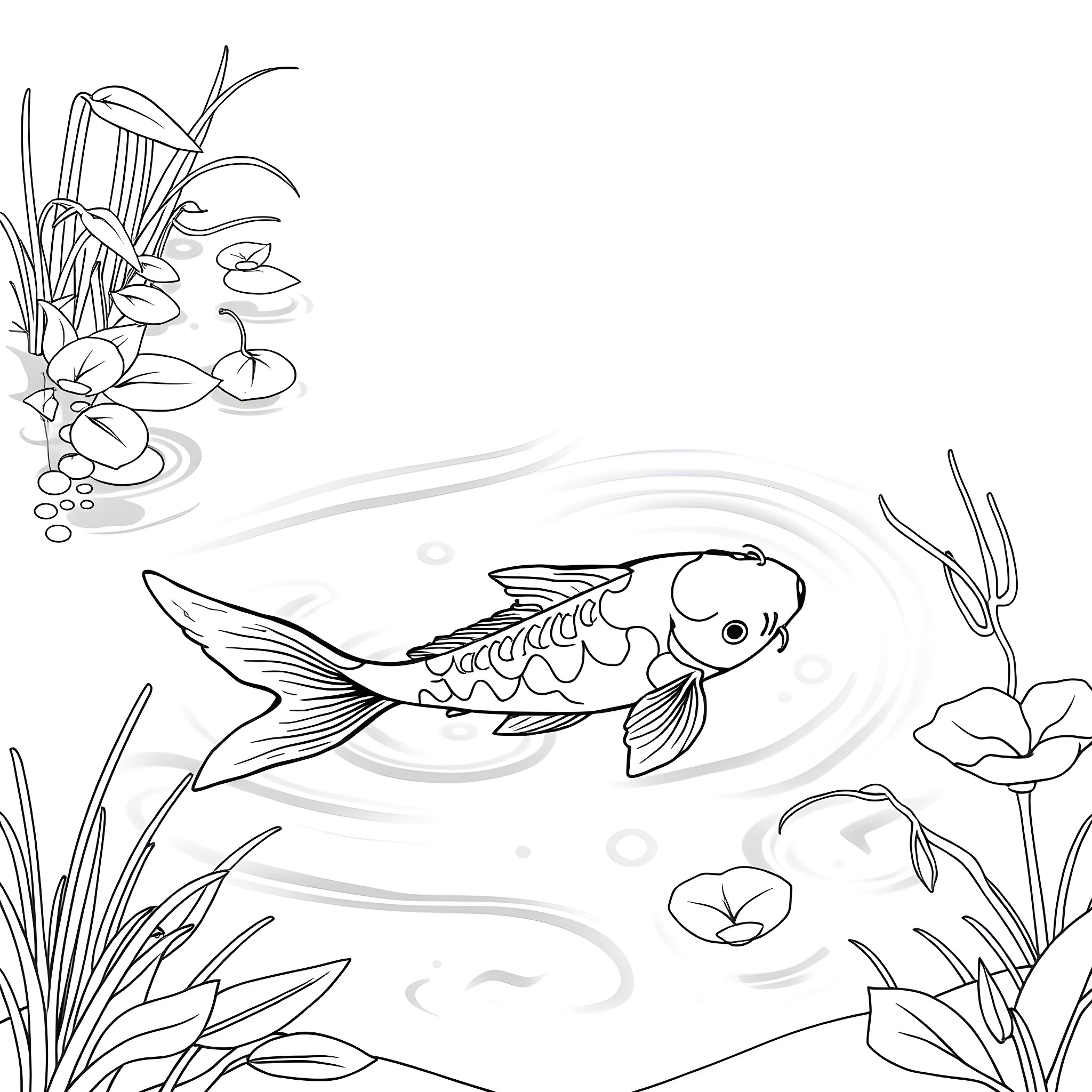 Koi Fish swimming peacefully in an aquatic garden Coloring Page (free black-and-white line drawing printable PDF for all, from beginners to advanced learners, including children, teens, adults, and seniors)