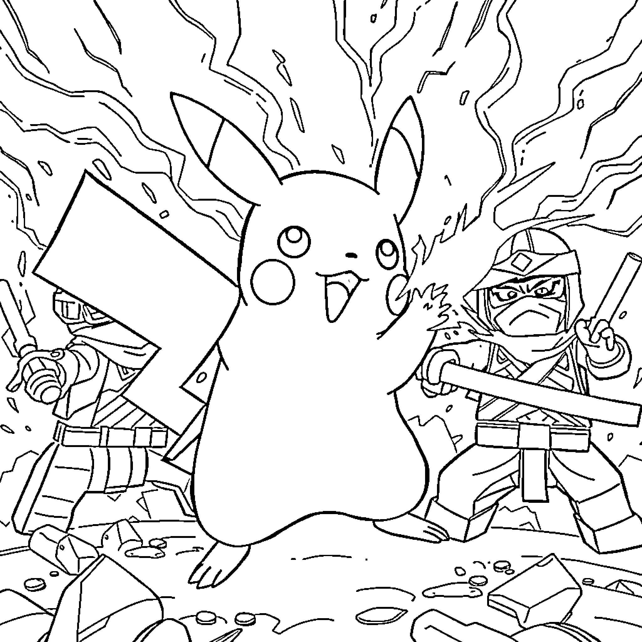 Pikachu battling alongside a Ninja Warrior Coloring Page (free black-and-white line drawing printable PDF for all, from beginners to advanced learners, including children, teens, adults, and seniors)