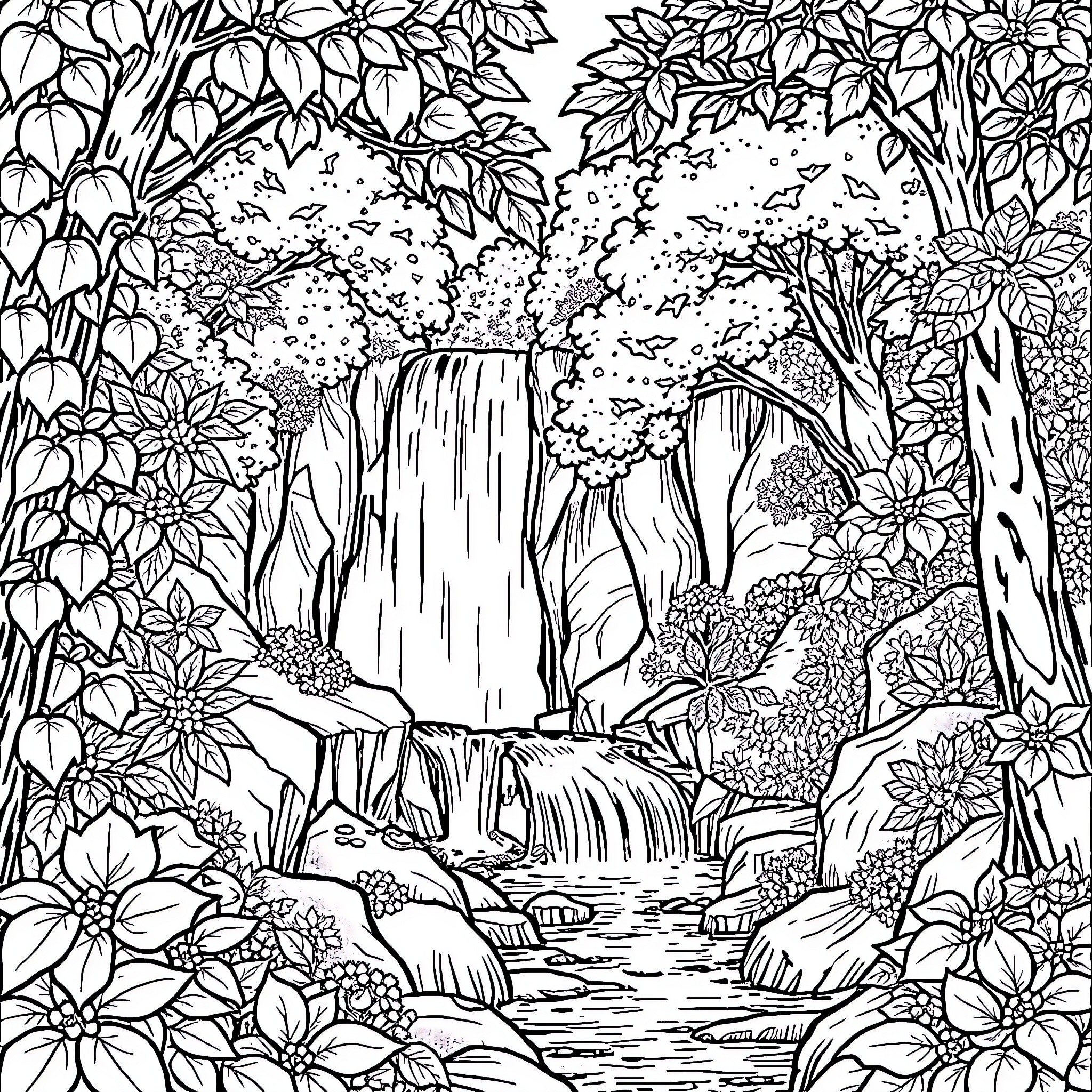 Waterfall in the lush forest landscape Coloring Page (free black-and-white line drawing printable PDF for all, from beginners to advanced learners, including children, teens, adults, and seniors)