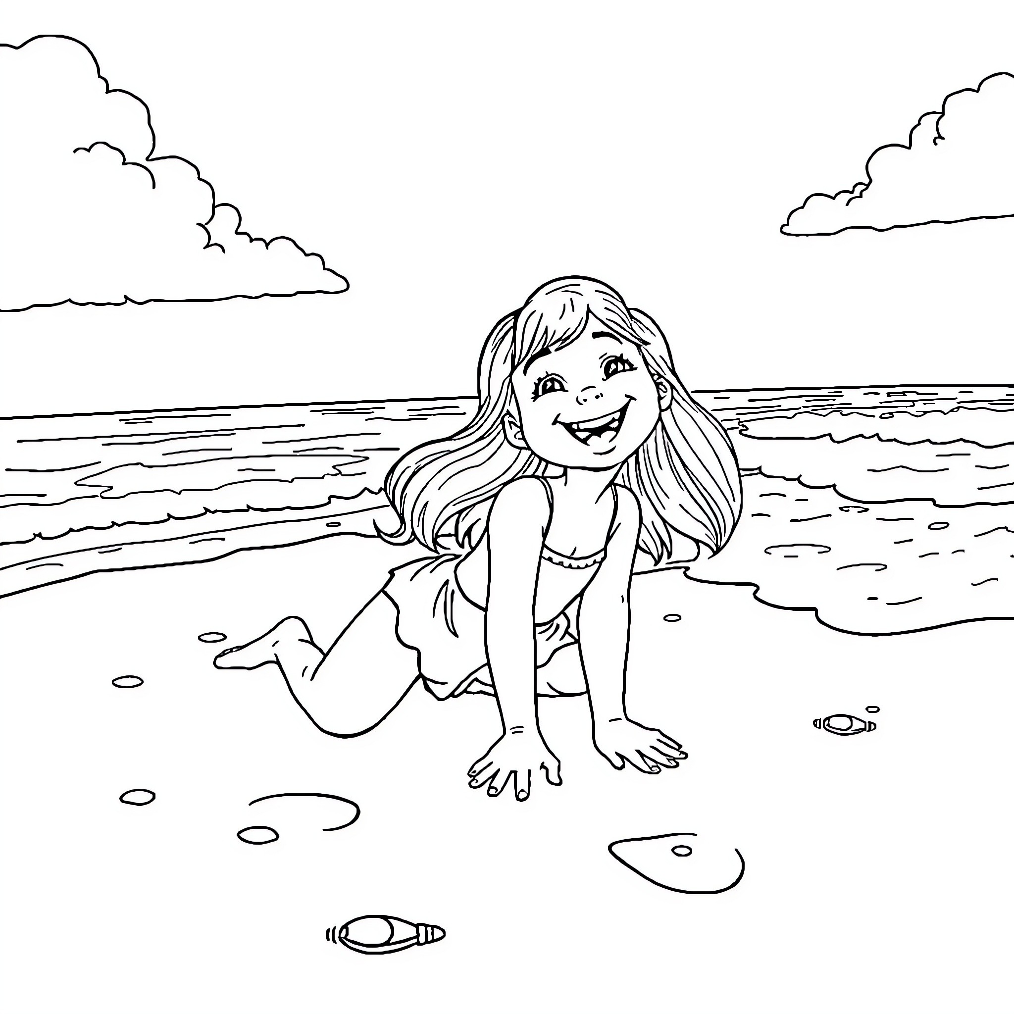Sally playing happily on the beach Coloring Page (free black-and-white line drawing printable PDF for all, from beginners to advanced learners, including children, teens, adults, and seniors)