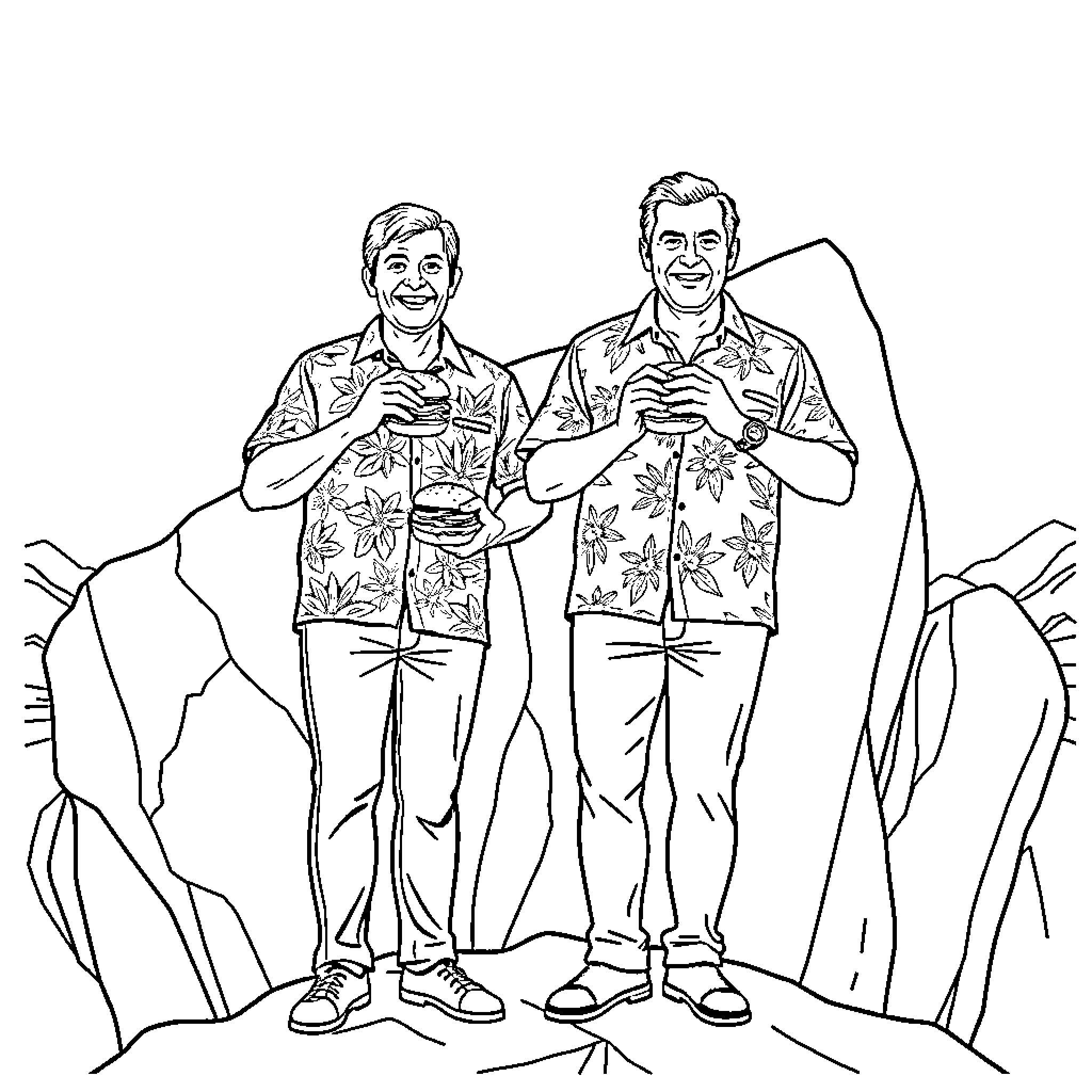 Ant and Dec enjoying a vacation in Hawaii Coloring Page (free black-and-white line drawing printable PDF for all, from beginners to advanced learners, including children, teens, adults, and seniors)