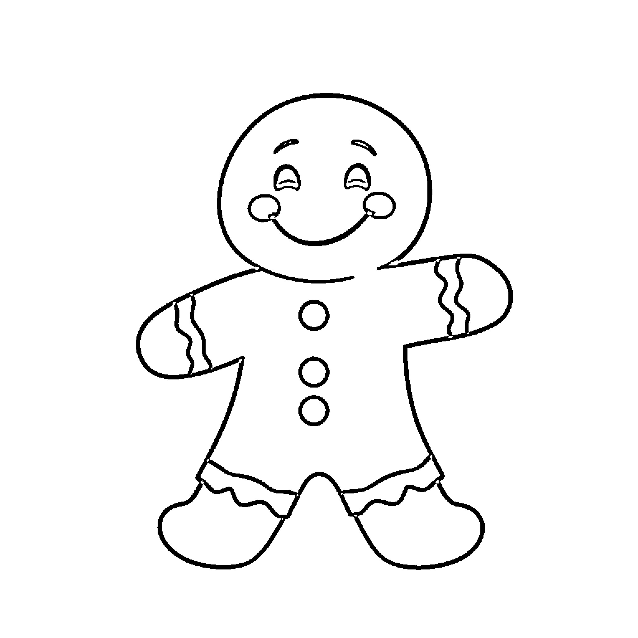 Gingerbread Man smiling and posing happily Coloring Page (free black-and-white line drawing printable PDF for all, from beginners to advanced learners, including children, teens, adults, and seniors)