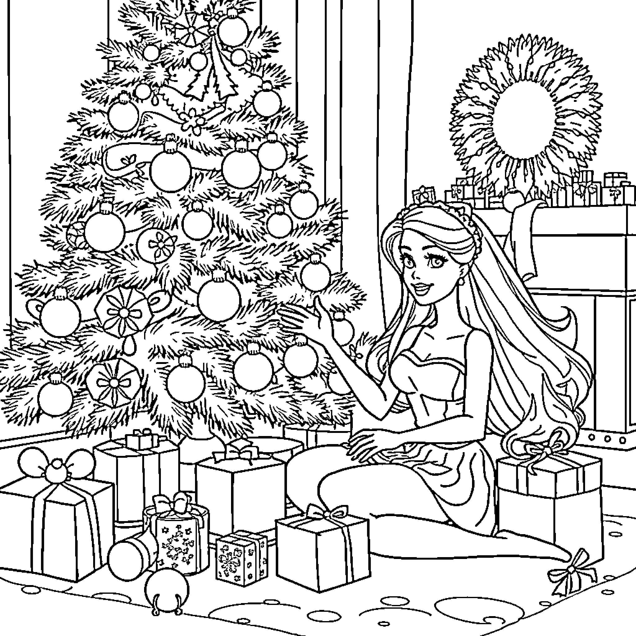 Barbie's Festive Christmas Celebration Coloring Page (free black-and-white line drawing printable PDF for all, from beginners to advanced learners, including children, teens, adults, and seniors)