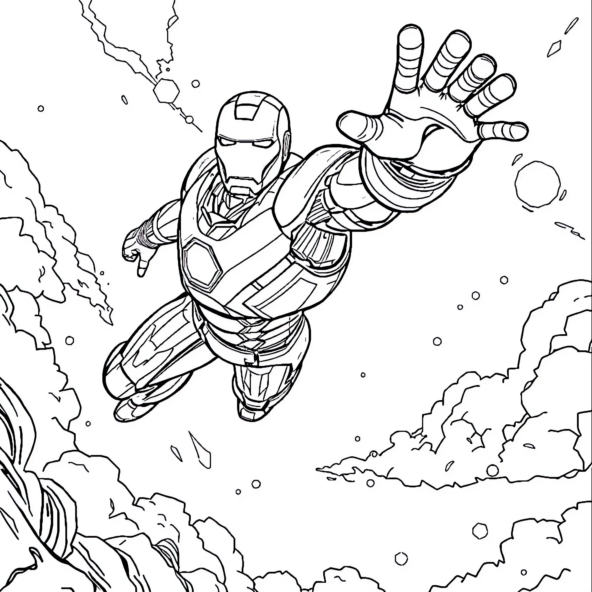 Ironman soaring through the sky in heroic action Coloring Page (free black-and-white line drawing printable PDF for all, from beginners to advanced learners, including children, teens, adults, and seniors)