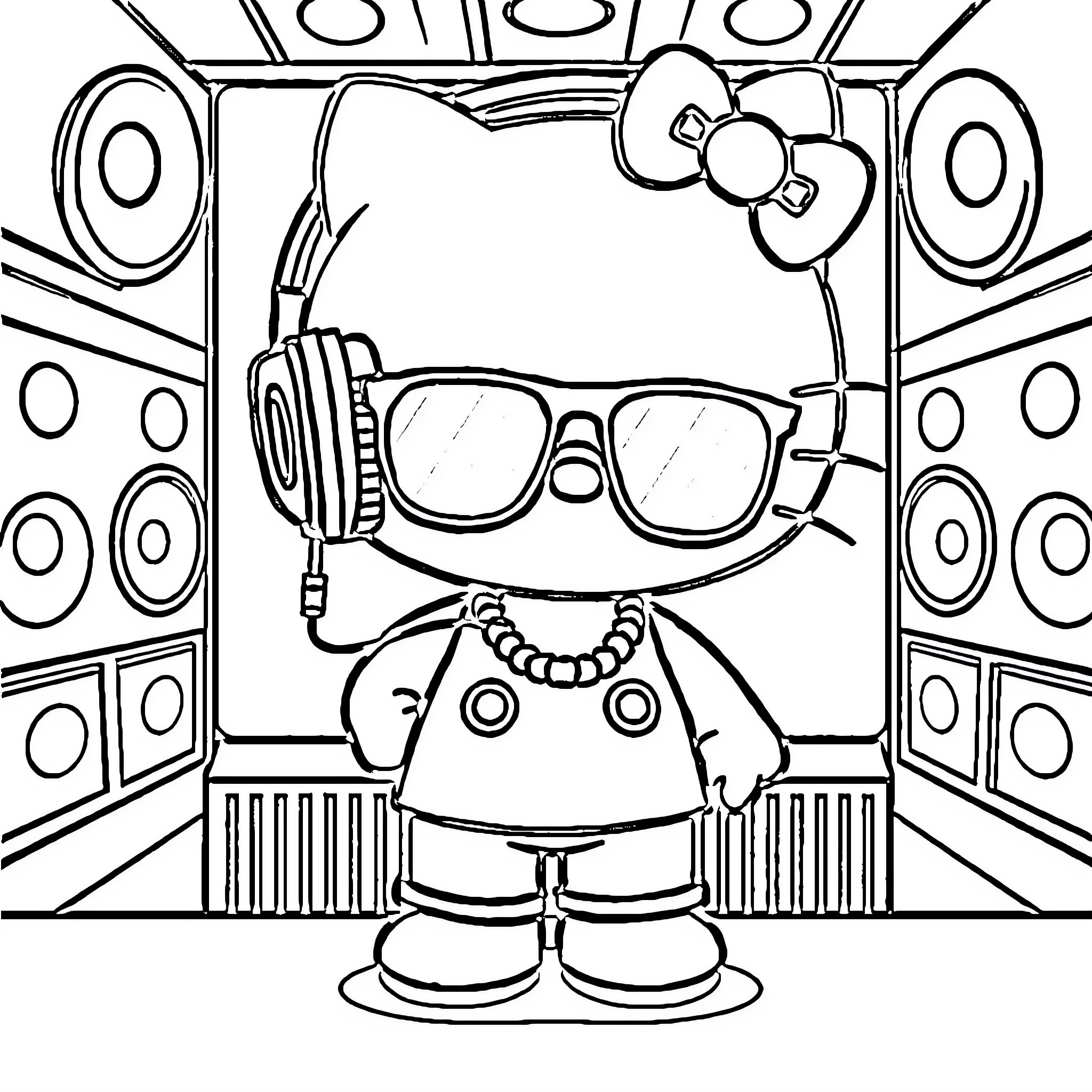 Hello Kitty enjoying music with headphones Coloring Page (free black-and-white line drawing printable PDF for all, from beginners to advanced learners, including children, teens, adults, and seniors)