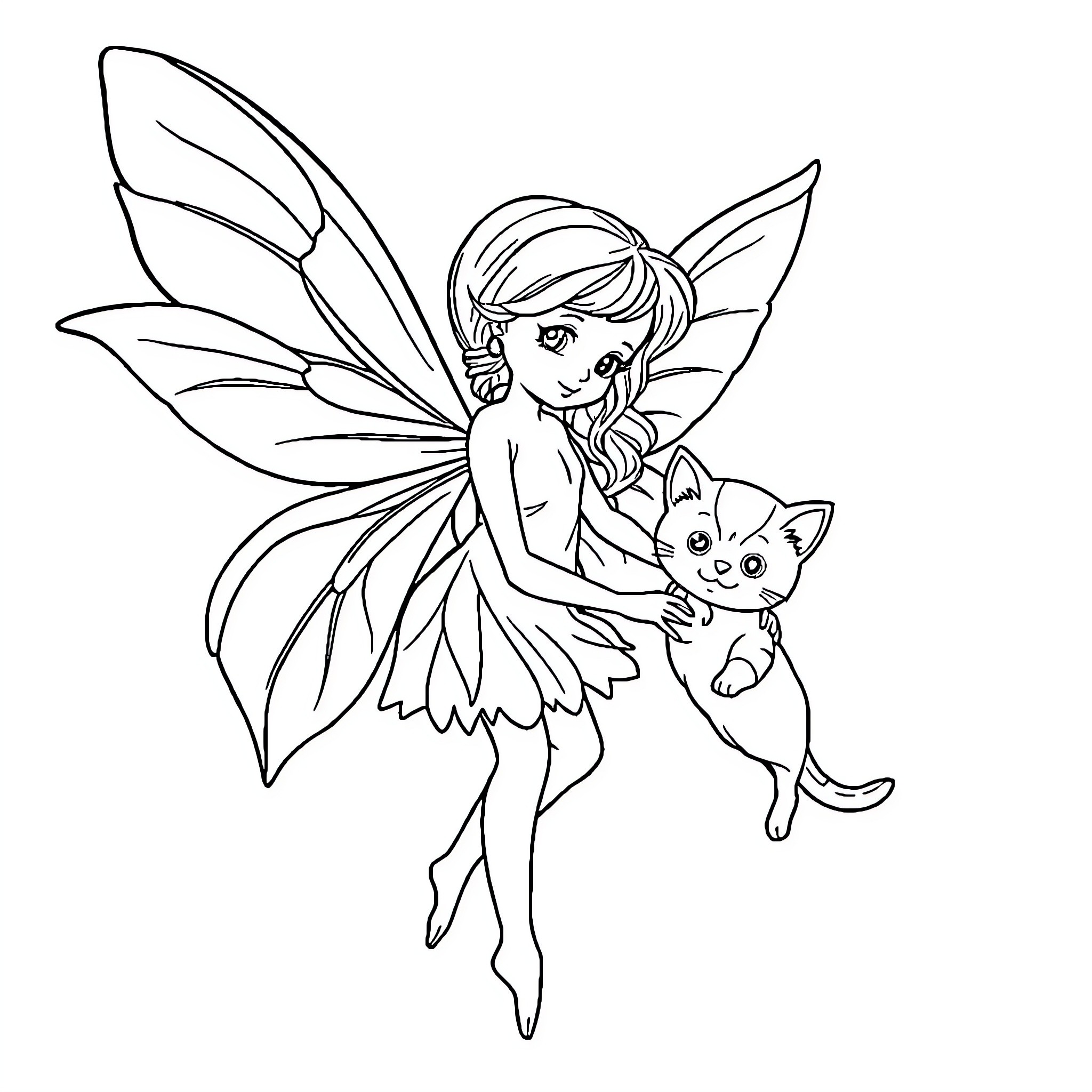 Fairy holding a playful cat Coloring Page (free black-and-white line drawing printable PDF for all, from beginners to advanced learners, including children, teens, adults, and seniors)