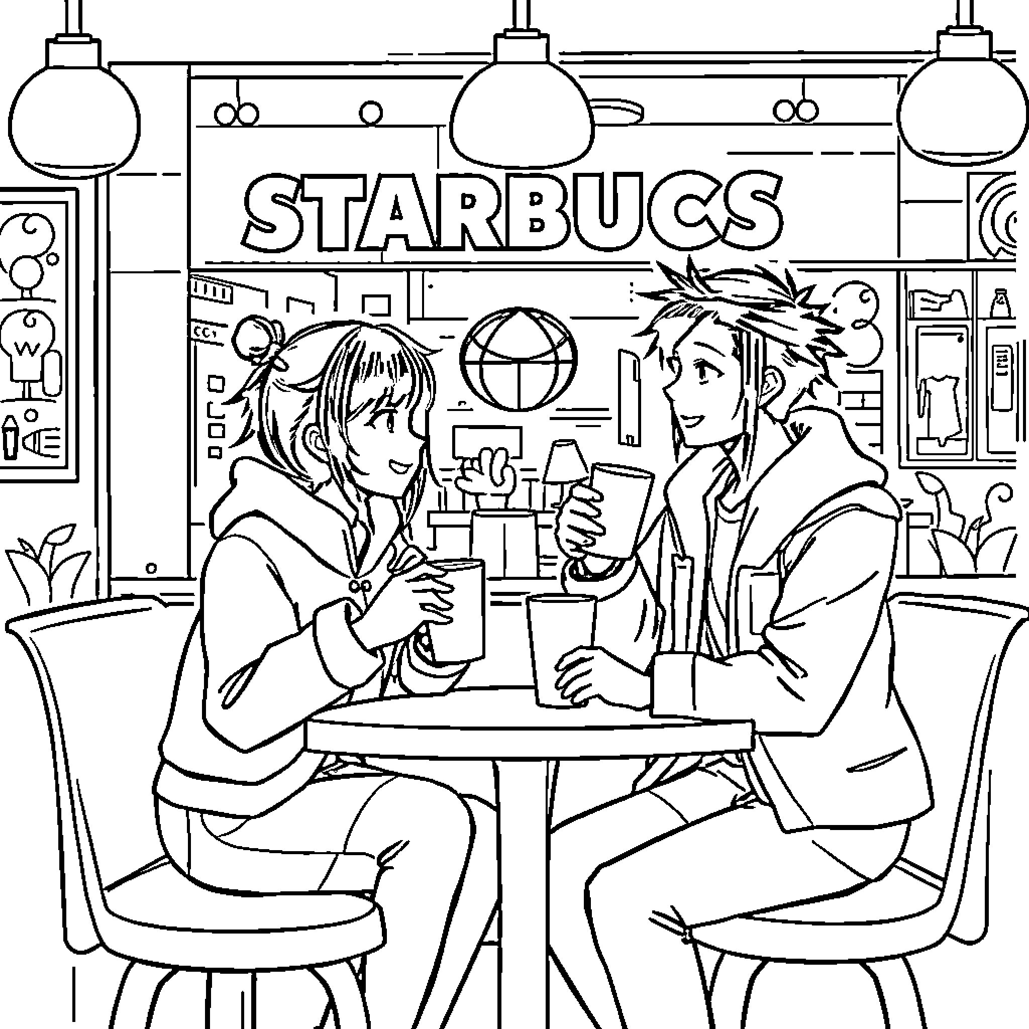 Kanao Tsururu enjoying coffee with a friend at Starbucks Coloring Page (free black-and-white line drawing printable PDF for all, from beginners to advanced learners, including children, teens, adults, and seniors)