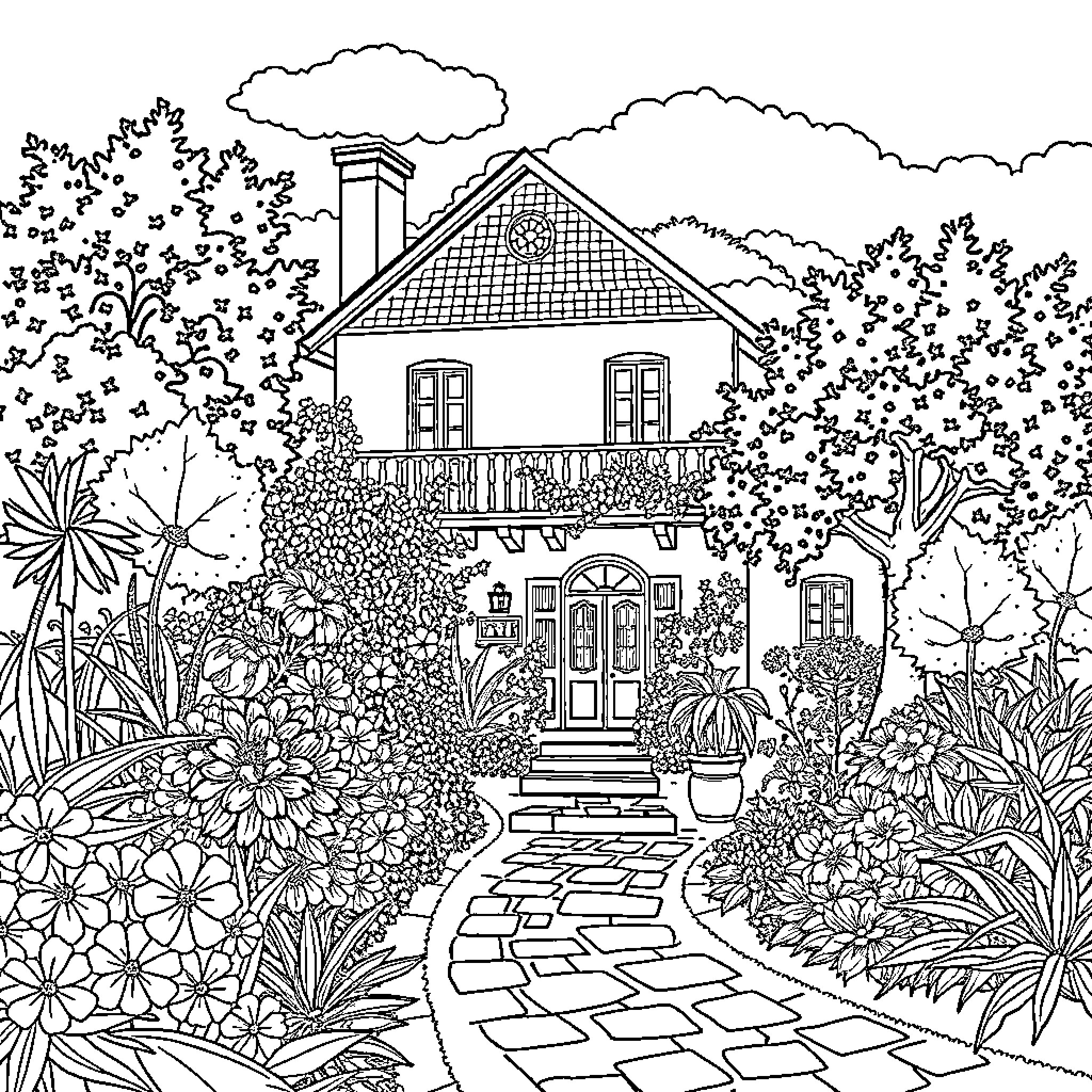 Vila Amalka - Detailed Garden Cottage Scene Coloring Page (free black-and-white line drawing printable PDF for all, from beginners to advanced learners, including children, teens, adults, and seniors)