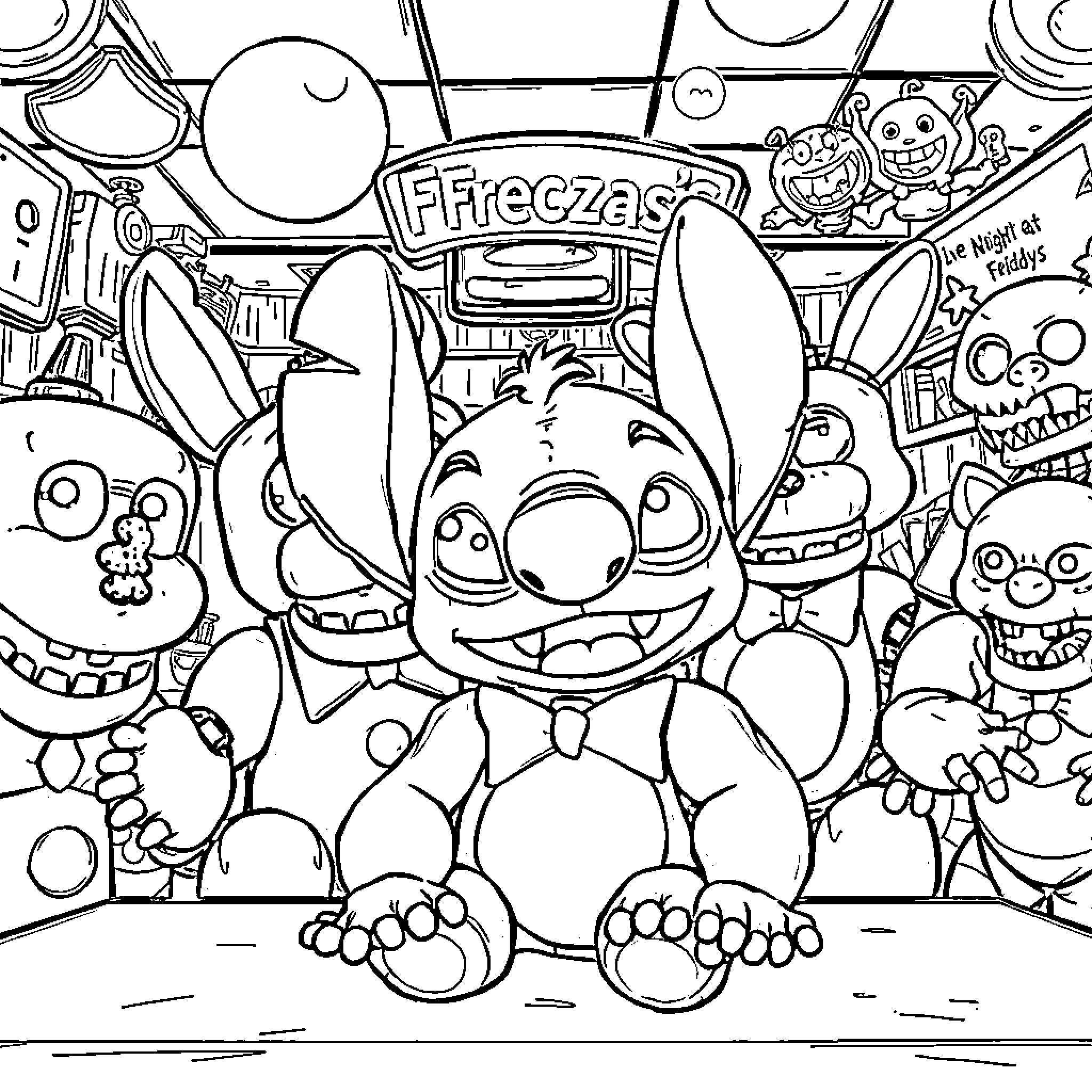 Five Nights At Freddy's - Stitch enjoying amusement park Coloring Page (free black-and-white line drawing printable PDF for all, from beginners to advanced learners, including children, teens, adults, and seniors)