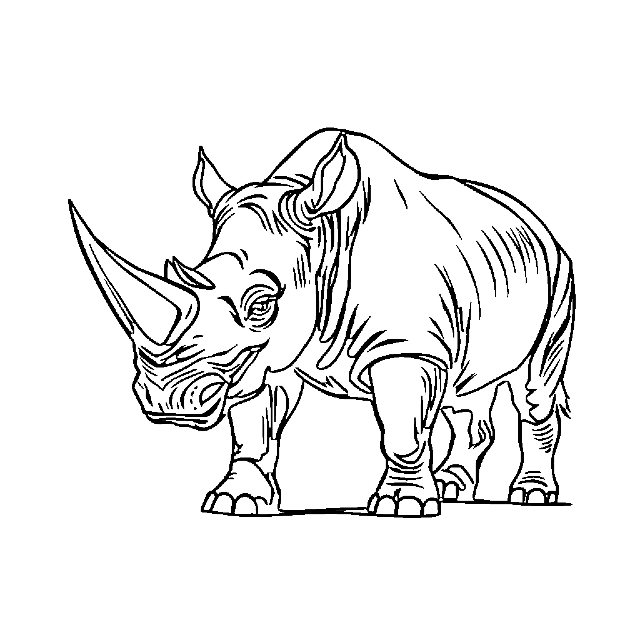 Rhino standing alert and watchful Coloring Page (free black-and-white line drawing printable PDF for all, from beginners to advanced learners, including children, teens, adults, and seniors)