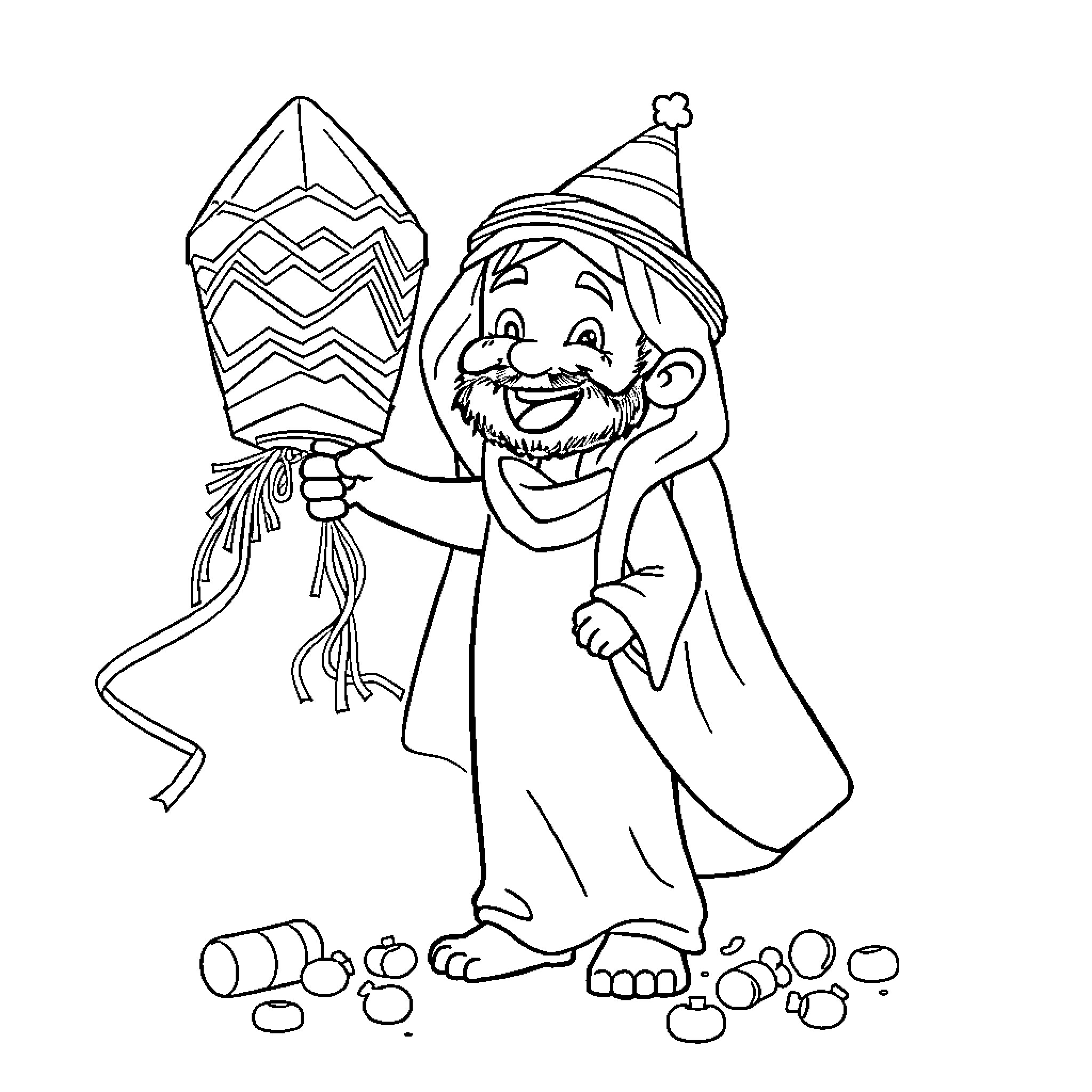 Rumi's Joyful Celebration with Festive Attire Coloring Page (free black-and-white line drawing printable PDF for all, from beginners to advanced learners, including children, teens, adults, and seniors)