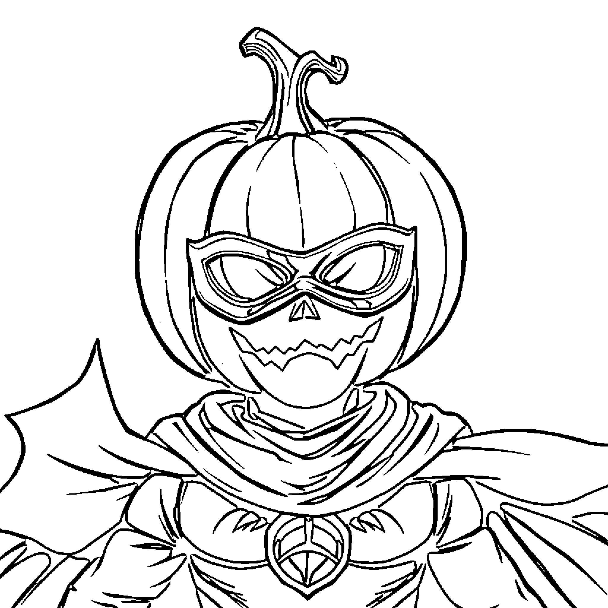 Pumpkin-headed superhero in a Halloween costume Coloring Page (free black-and-white line drawing printable PDF for all, from beginners to advanced learners, including children, teens, adults, and seniors)