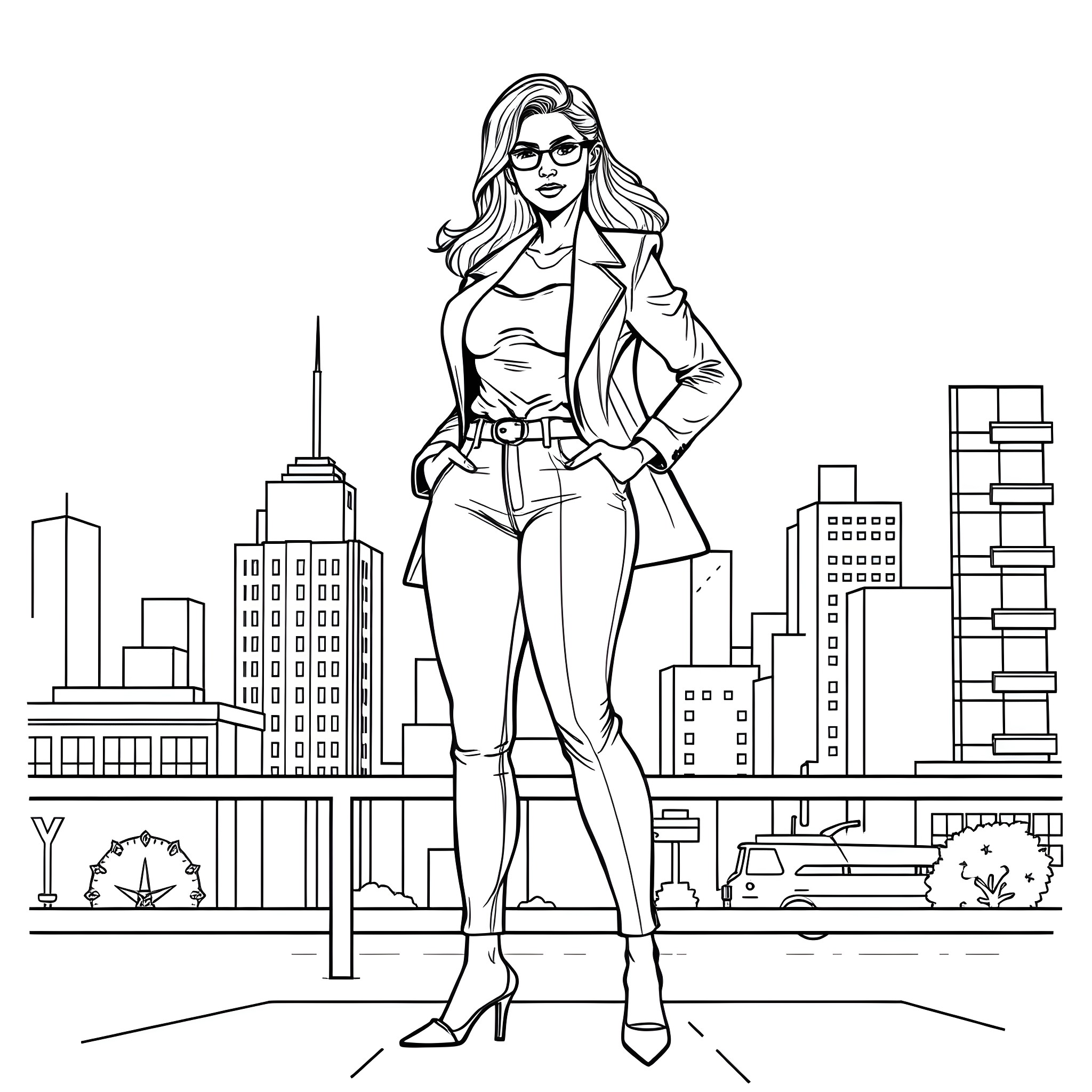 Woman in sunglasses posing confidently in the city Coloring Page (free black-and-white line drawing printable PDF for all, from beginners to advanced learners, including children, teens, adults, and seniors)