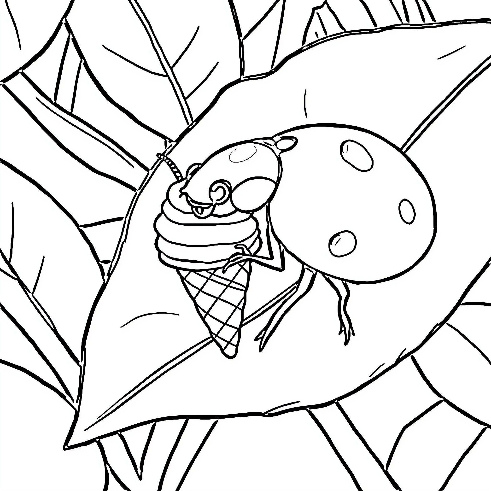 Ladybug enjoying an ice cream treat in nature Coloring Page (free black-and-white line drawing printable PDF for all, from beginners to advanced learners, including children, teens, adults, and seniors)