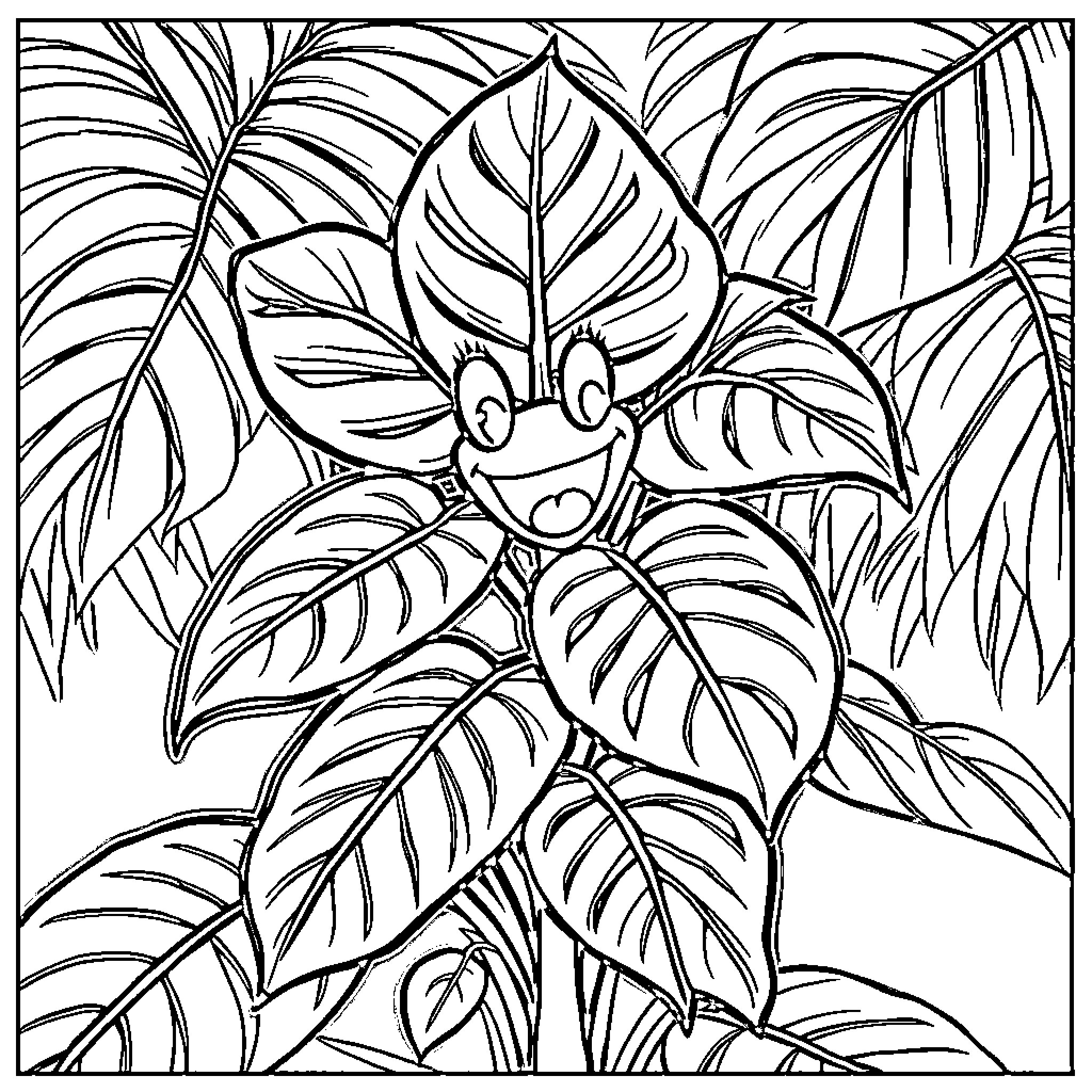 Monstera creature peering through tropical foliage Coloring Page (free black-and-white line drawing printable PDF for all, from beginners to advanced learners, including children, teens, adults, and seniors)