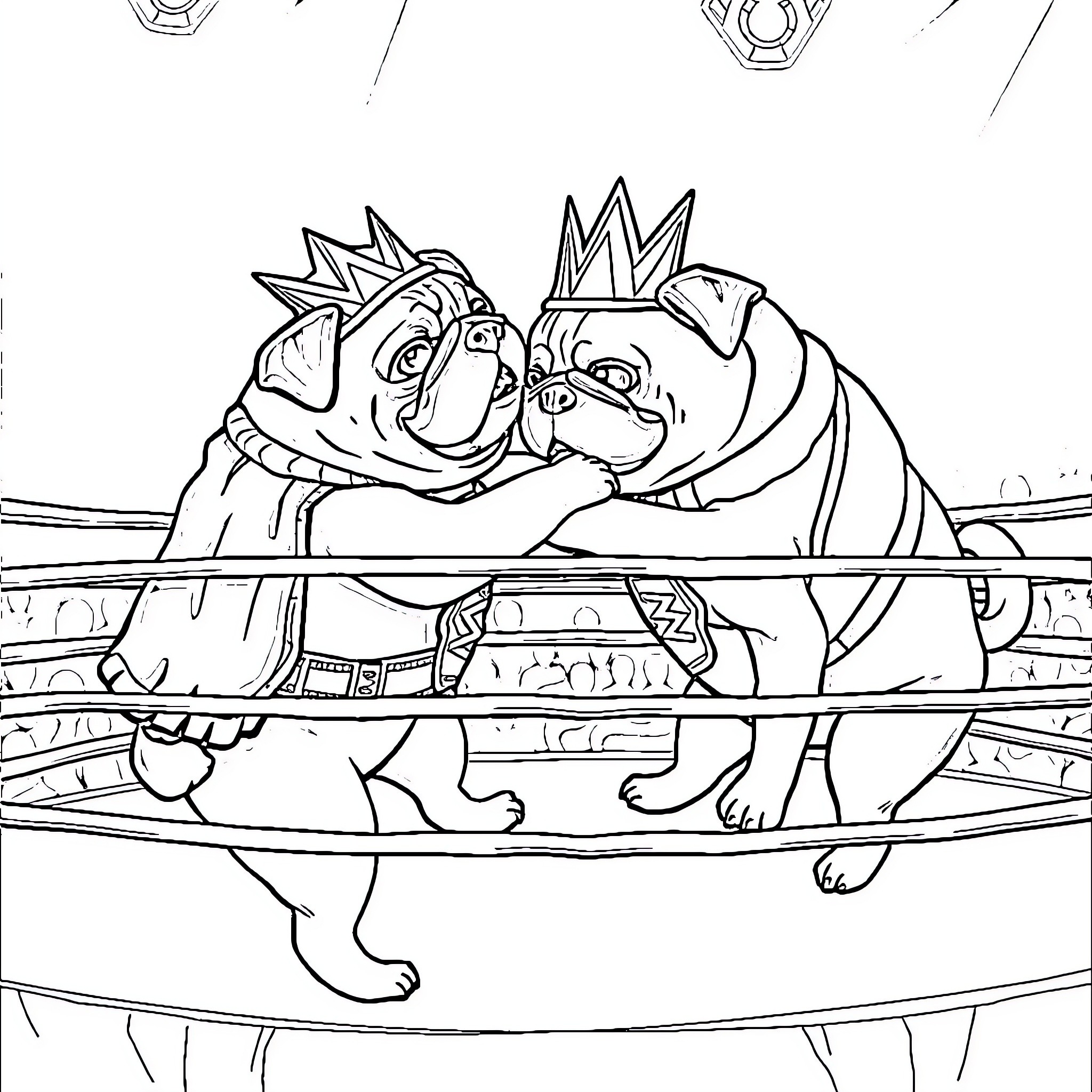 Pugs wrestling playfully in a wrestling ring Coloring Page (free black-and-white line drawing printable PDF for all, from beginners to advanced learners, including children, teens, adults, and seniors)
