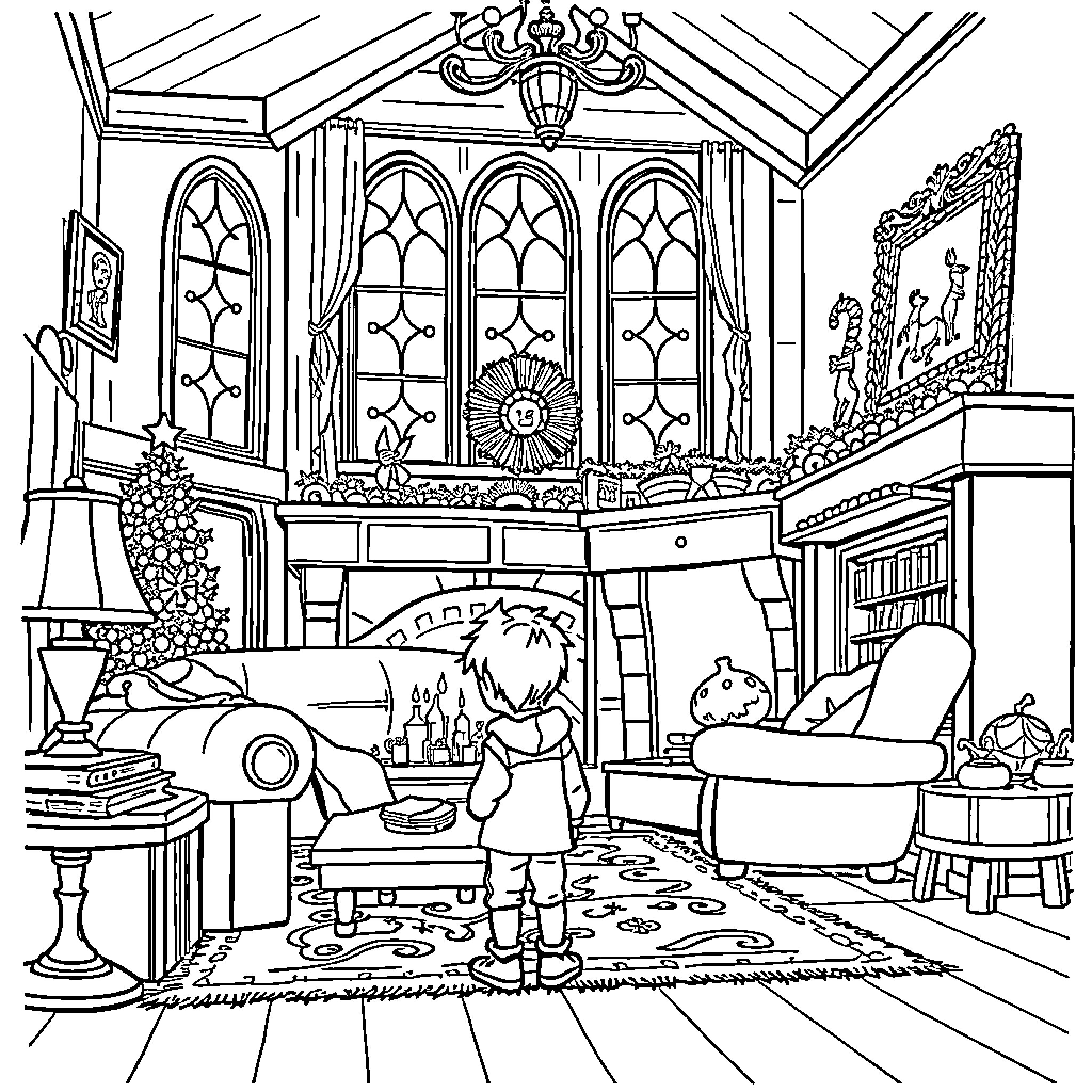 Mom and child admiring a decorated festive living room Coloring Page (free black-and-white line drawing printable PDF for all, from beginners to advanced learners, including children, teens, adults, and seniors)