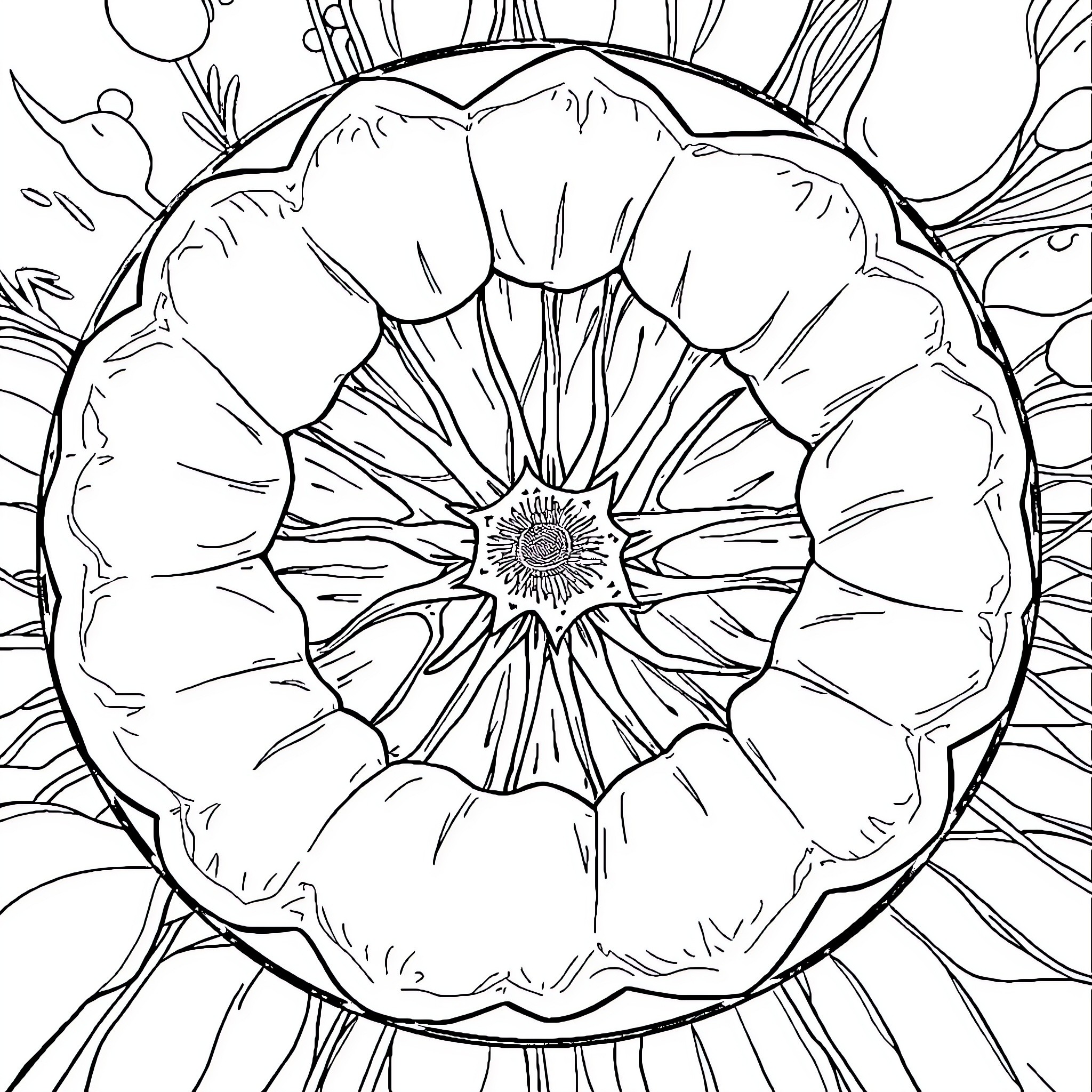 Animal Cell in a Detailed Floral Pattern Coloring Page (free black-and-white line drawing printable PDF for all, from beginners to advanced learners, including children, teens, adults, and seniors)
