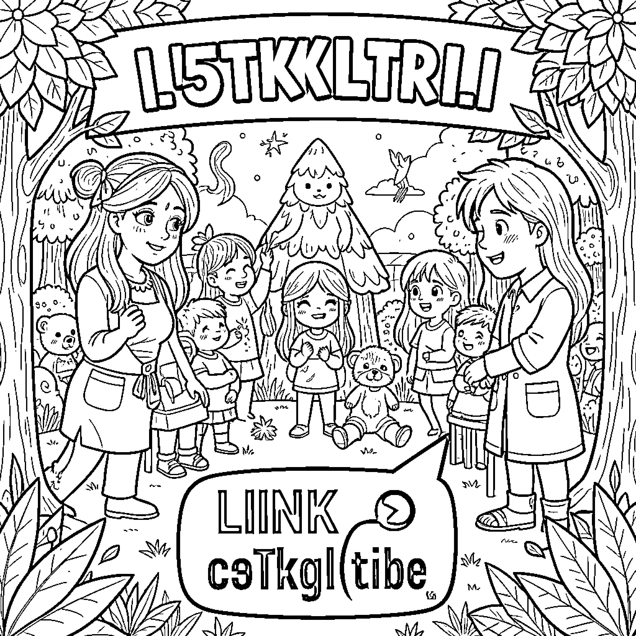 Video of a friendly group gathering in nature Coloring Page (free black-and-white line drawing printable PDF for all, from beginners to advanced learners, including children, teens, adults, and seniors)
