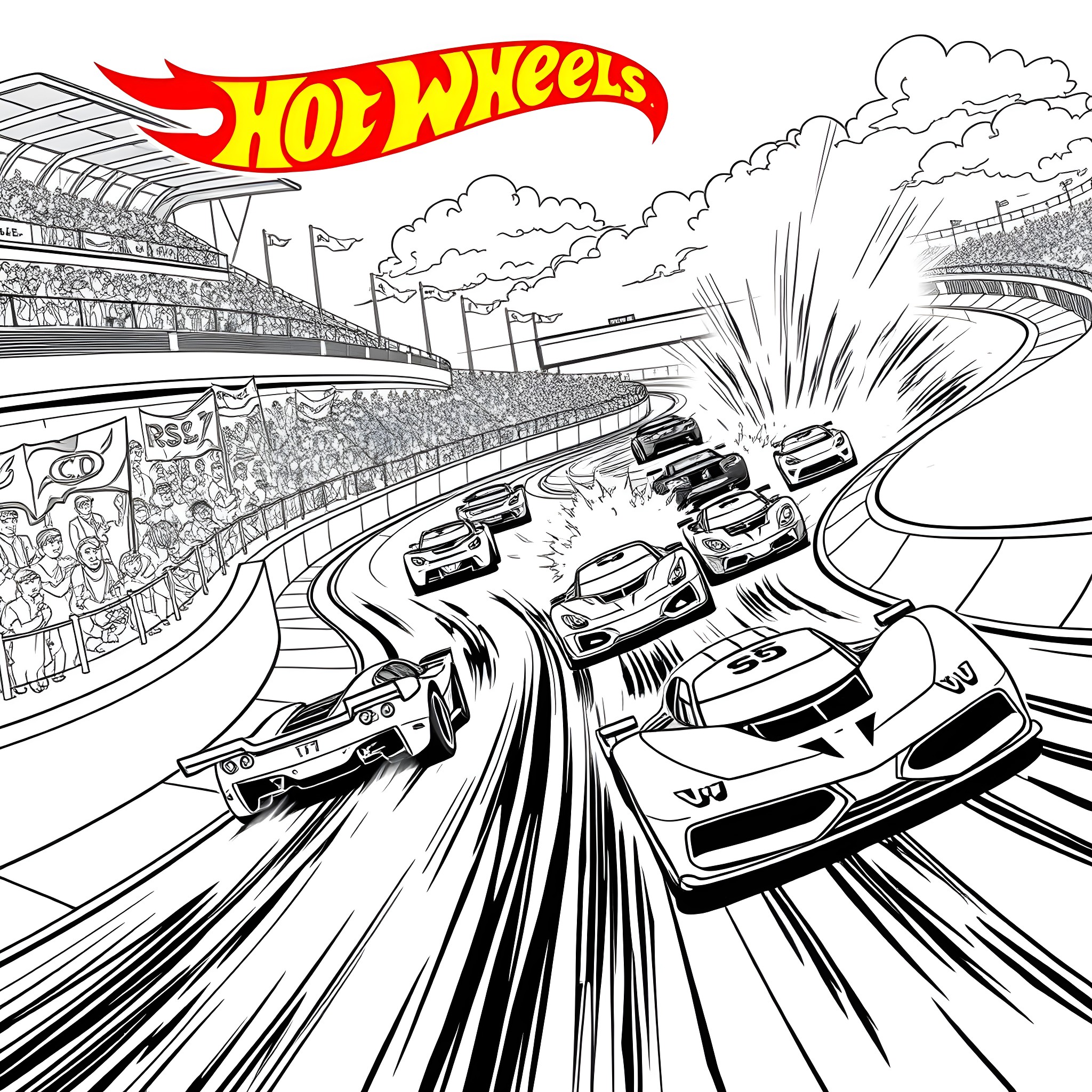 Hot Wheels Racetrack Adventure Coloring Page (free black-and-white line drawing printable PDF for all, from beginners to advanced learners, including children, teens, adults, and seniors)