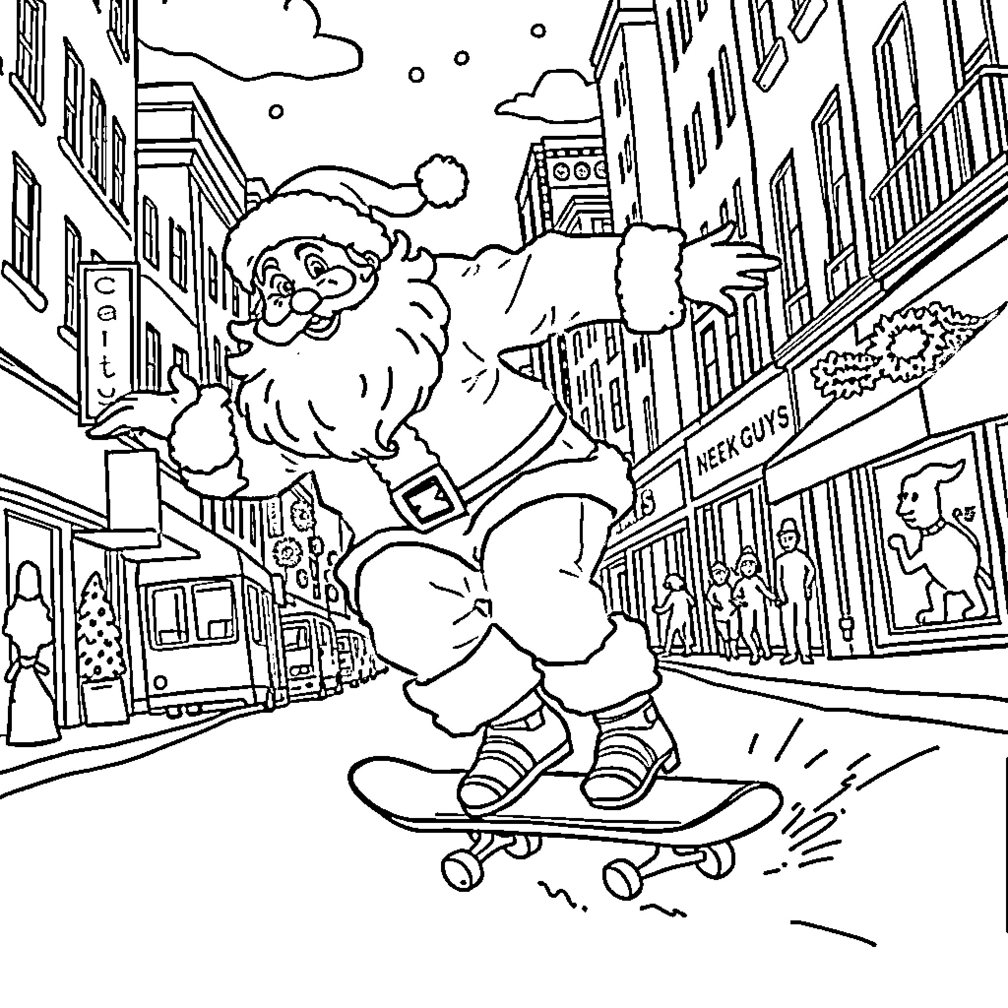 Santa surfing through a snowy city street Coloring Page (free black-and-white line drawing printable PDF for all, from beginners to advanced learners, including children, teens, adults, and seniors)