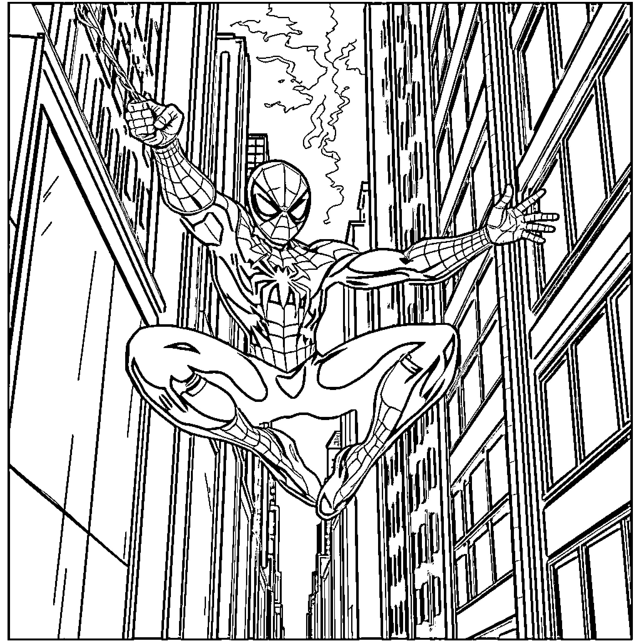 Spiderman swinging through the city with action Coloring Page (free black-and-white line drawing printable PDF for all, from beginners to advanced learners, including children, teens, adults, and seniors)