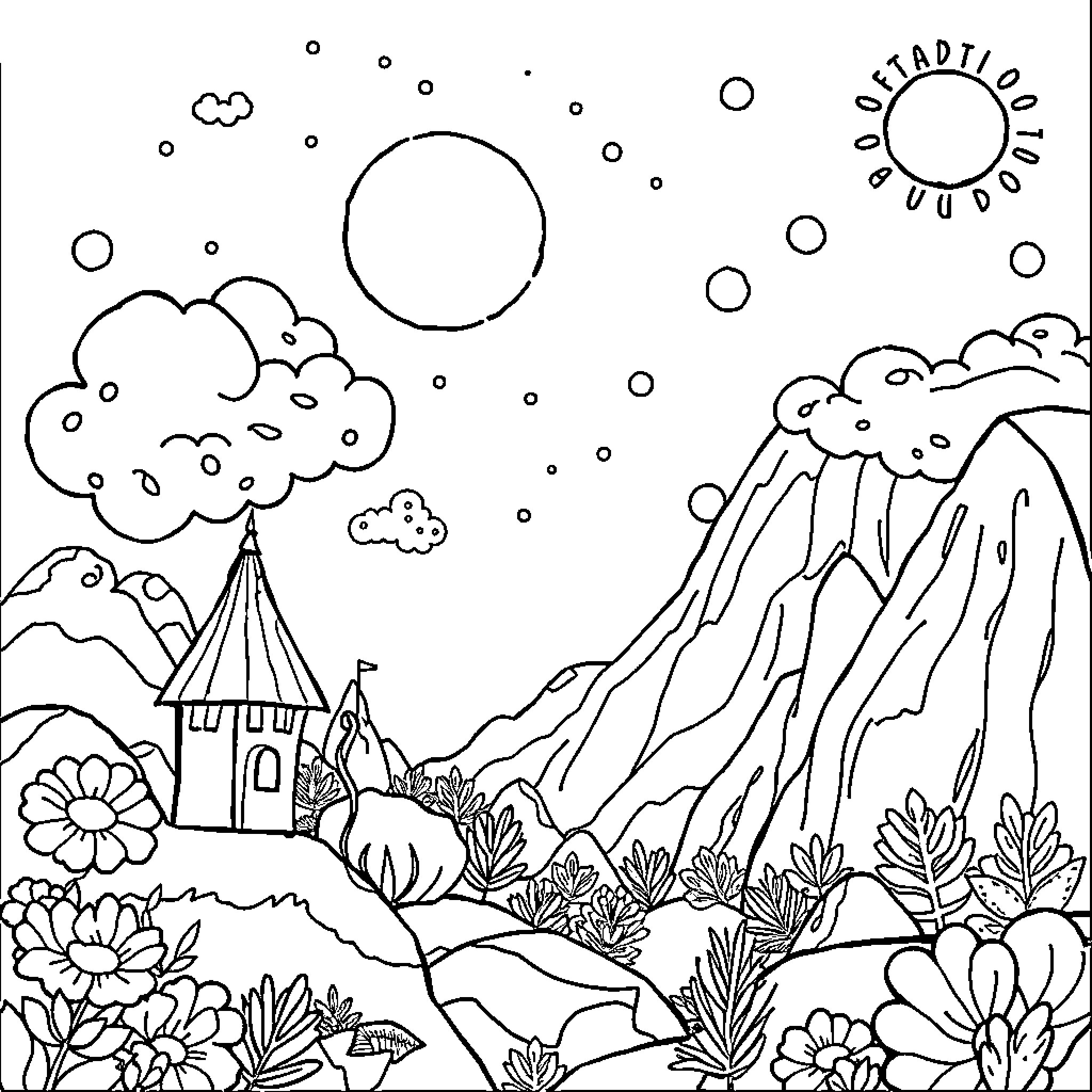 Fubiacraft: Whimsical Landscape with Fantastical Elements Coloring Page (free black-and-white line drawing printable PDF for all, from beginners to advanced learners, including children, teens, adults, and seniors)