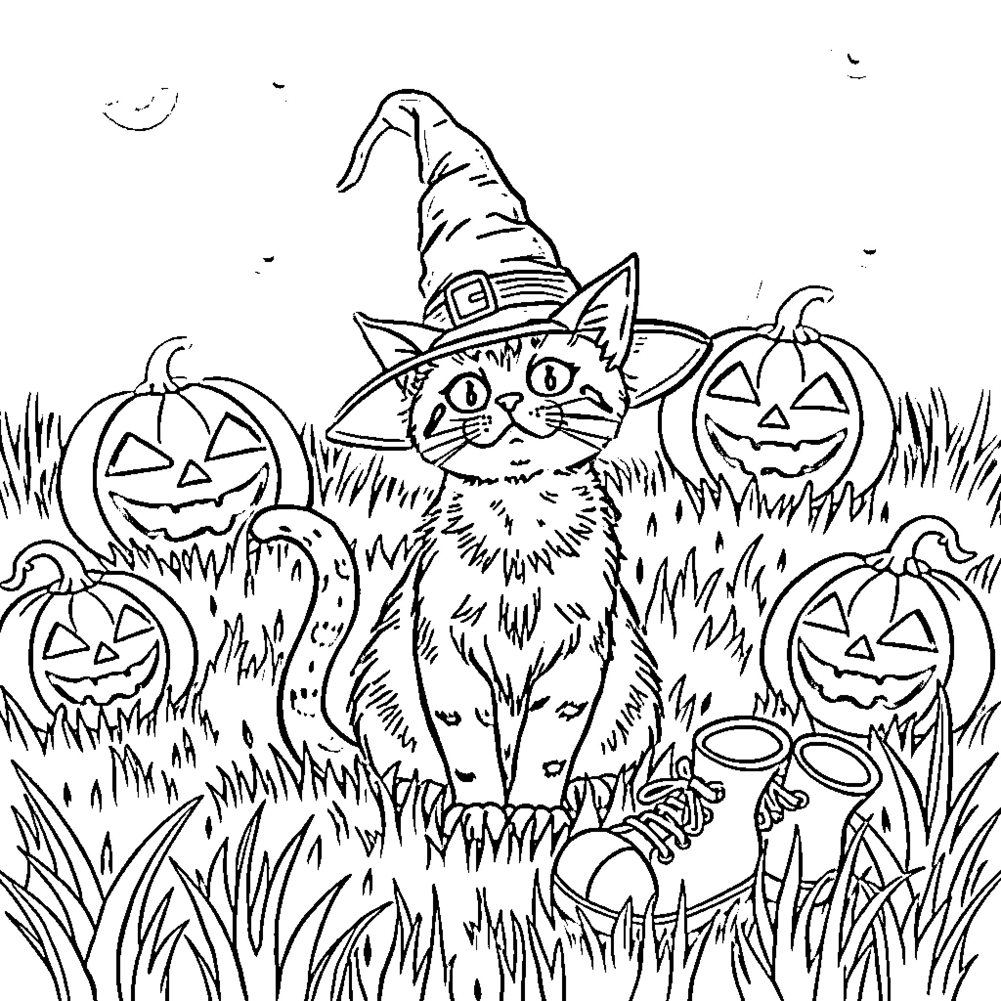 Cat in a witch's hat among Halloween pumpkins Coloring Page (free black-and-white line drawing printable PDF for all, from beginners to advanced learners, including children, teens, adults, and seniors)