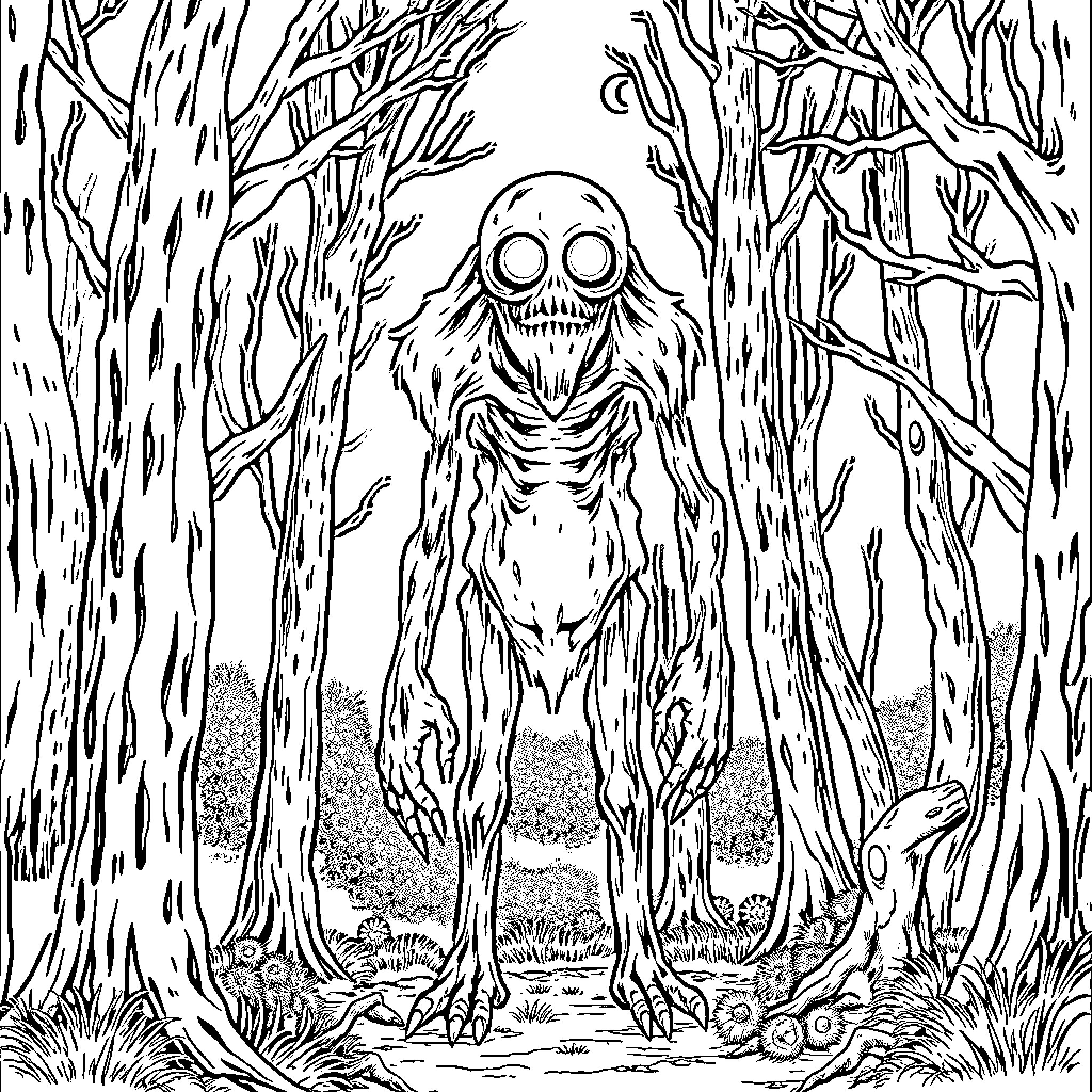 Flatwoods Monster lurking in the eerie forest Coloring Page (free black-and-white line drawing printable PDF for all, from beginners to advanced learners, including children, teens, adults, and seniors)