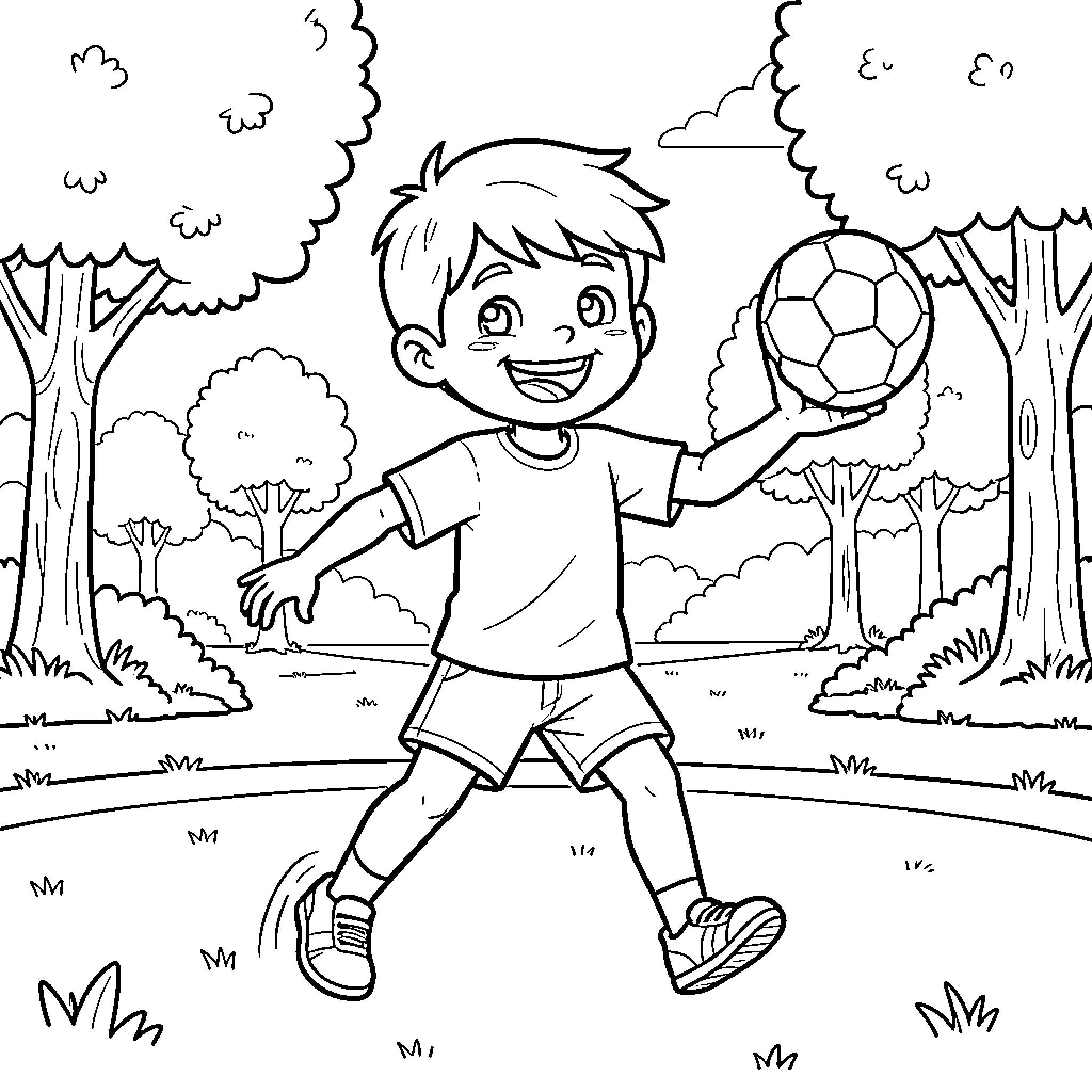 Boy enjoying soccer in the park Coloring Page (free black-and-white line drawing printable PDF for all, from beginners to advanced learners, including children, teens, adults, and seniors)