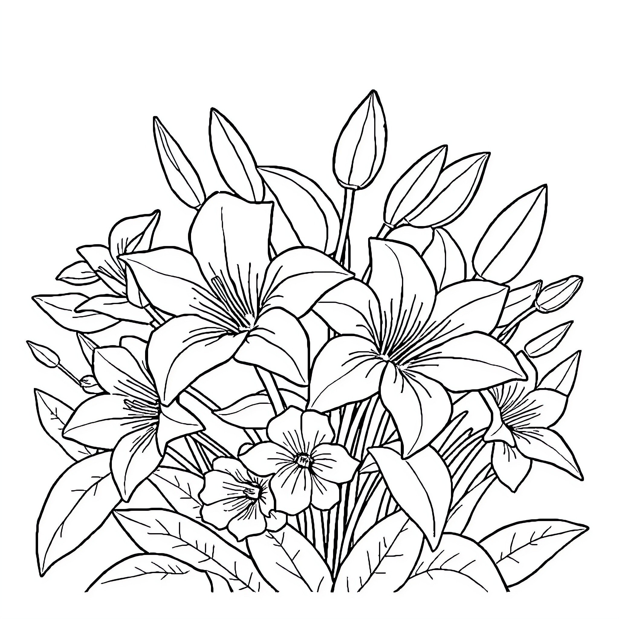 Flower bouquet in full bloom Coloring Page (free black-and-white line drawing printable PDF for all, from beginners to advanced learners, including children, teens, adults, and seniors)
