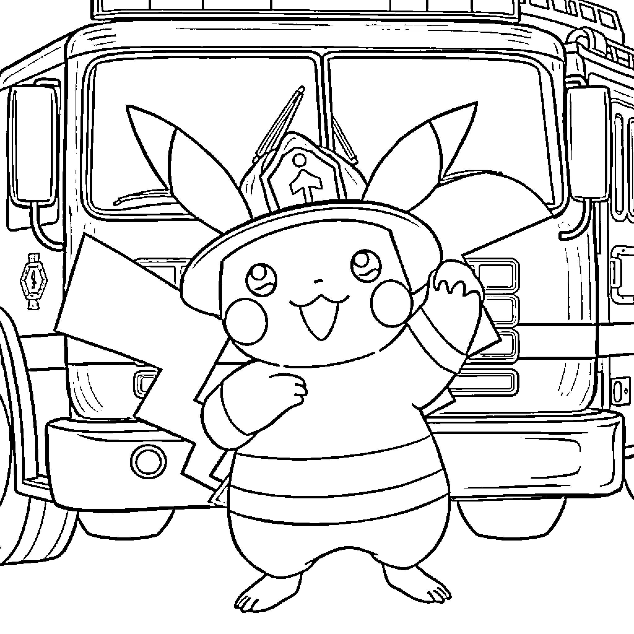 Pikachu on a Firefighter Truck Coloring Page (free black-and-white line drawing printable PDF for all, from beginners to advanced learners, including children, teens, adults, and seniors)
