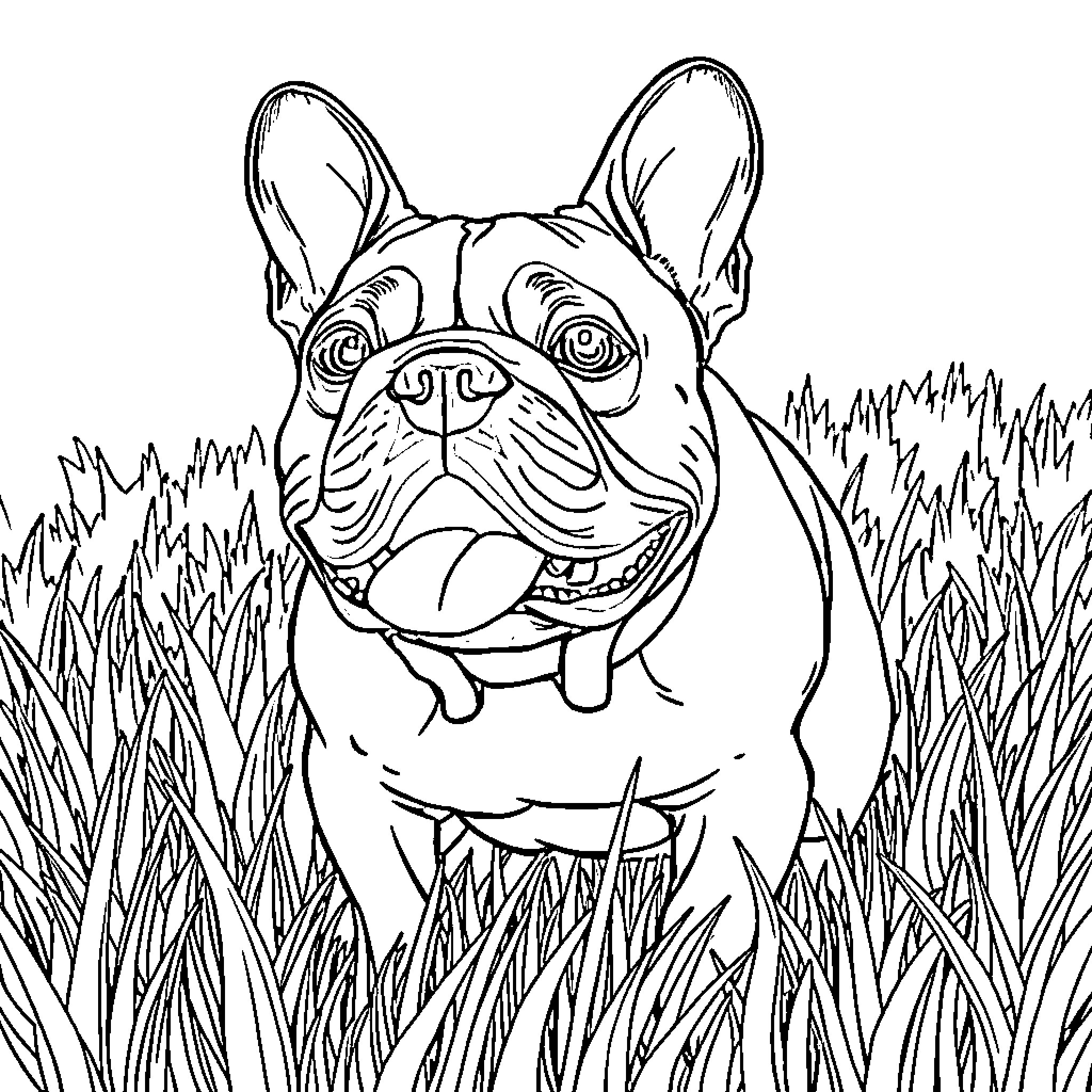 French Bulldog enjoying the grass and outdoors Coloring Page (free black-and-white line drawing printable PDF for all, from beginners to advanced learners, including children, teens, adults, and seniors)