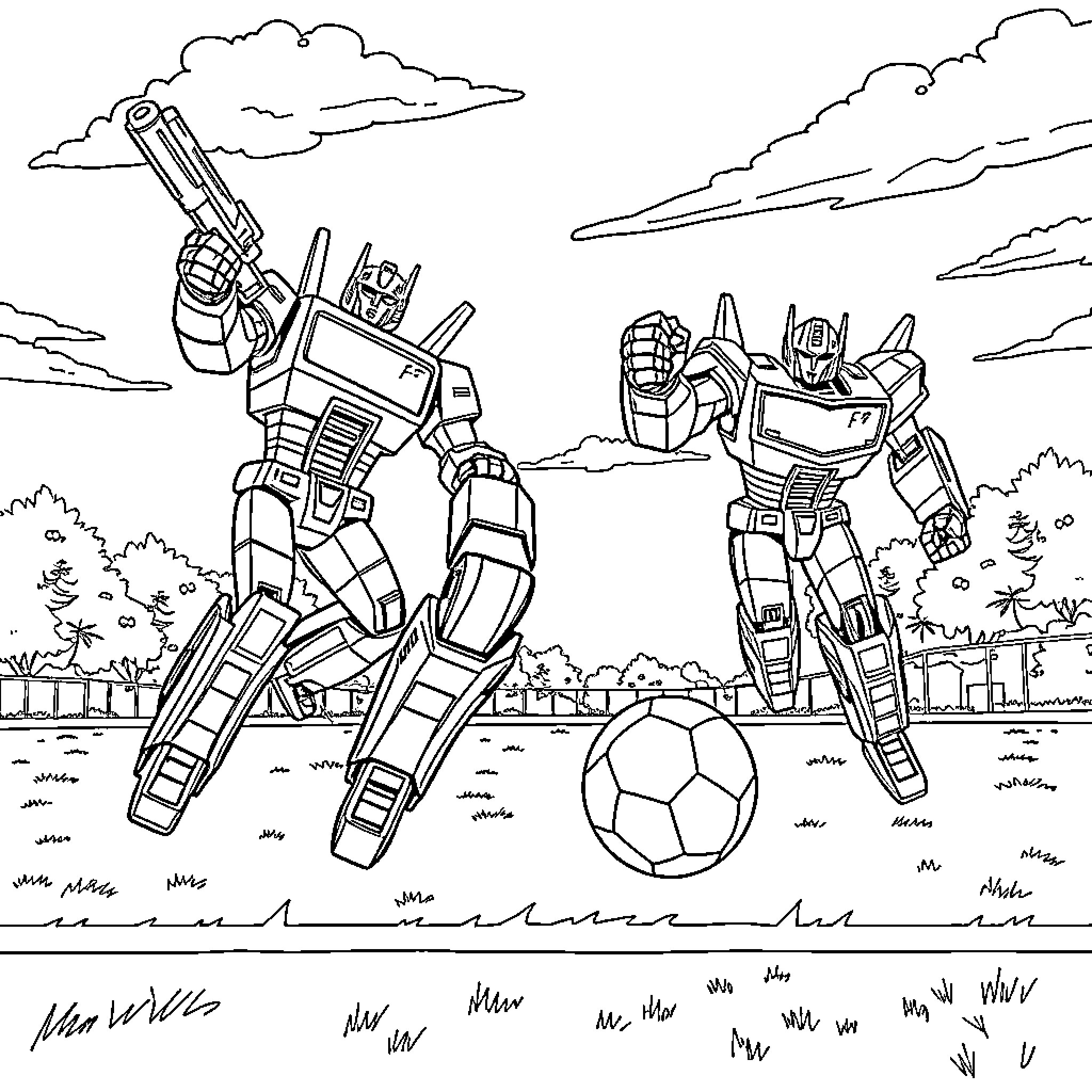 Transformers playing soccer in the field Coloring Page (free black-and-white line drawing printable PDF for all, from beginners to advanced learners, including children, teens, adults, and seniors)