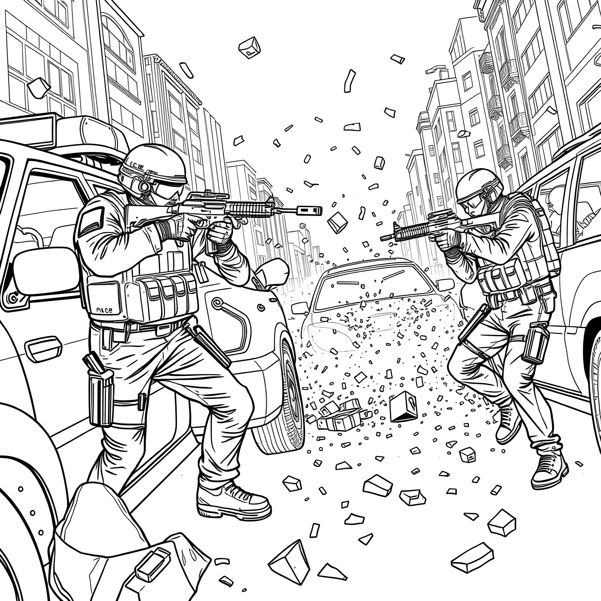 Police Officers Engaged in Intense Confrontation Coloring Page (free black-and-white line drawing printable PDF for all, from beginners to advanced learners, including children, teens, adults, and seniors)