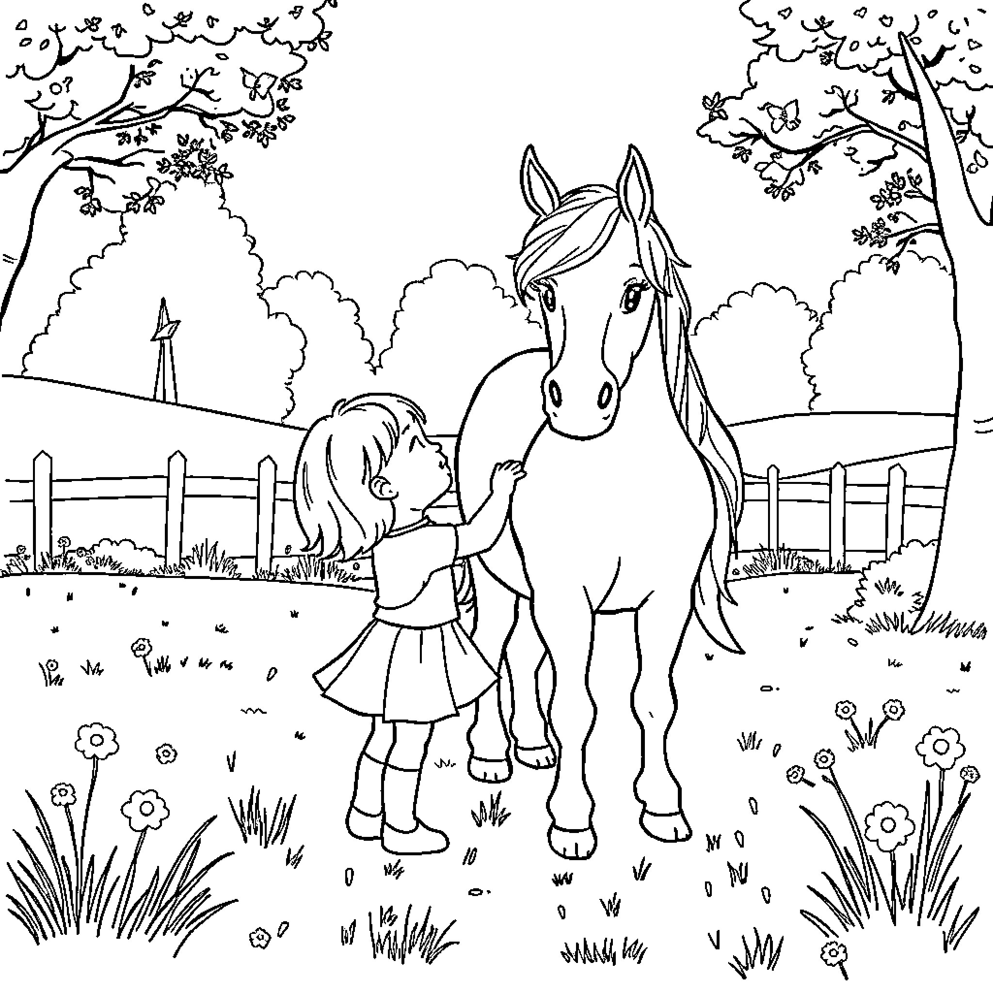 Horse with a girl in a countryside setting Coloring Page (free black-and-white line drawing printable PDF for all, from beginners to advanced learners, including children, teens, adults, and seniors)