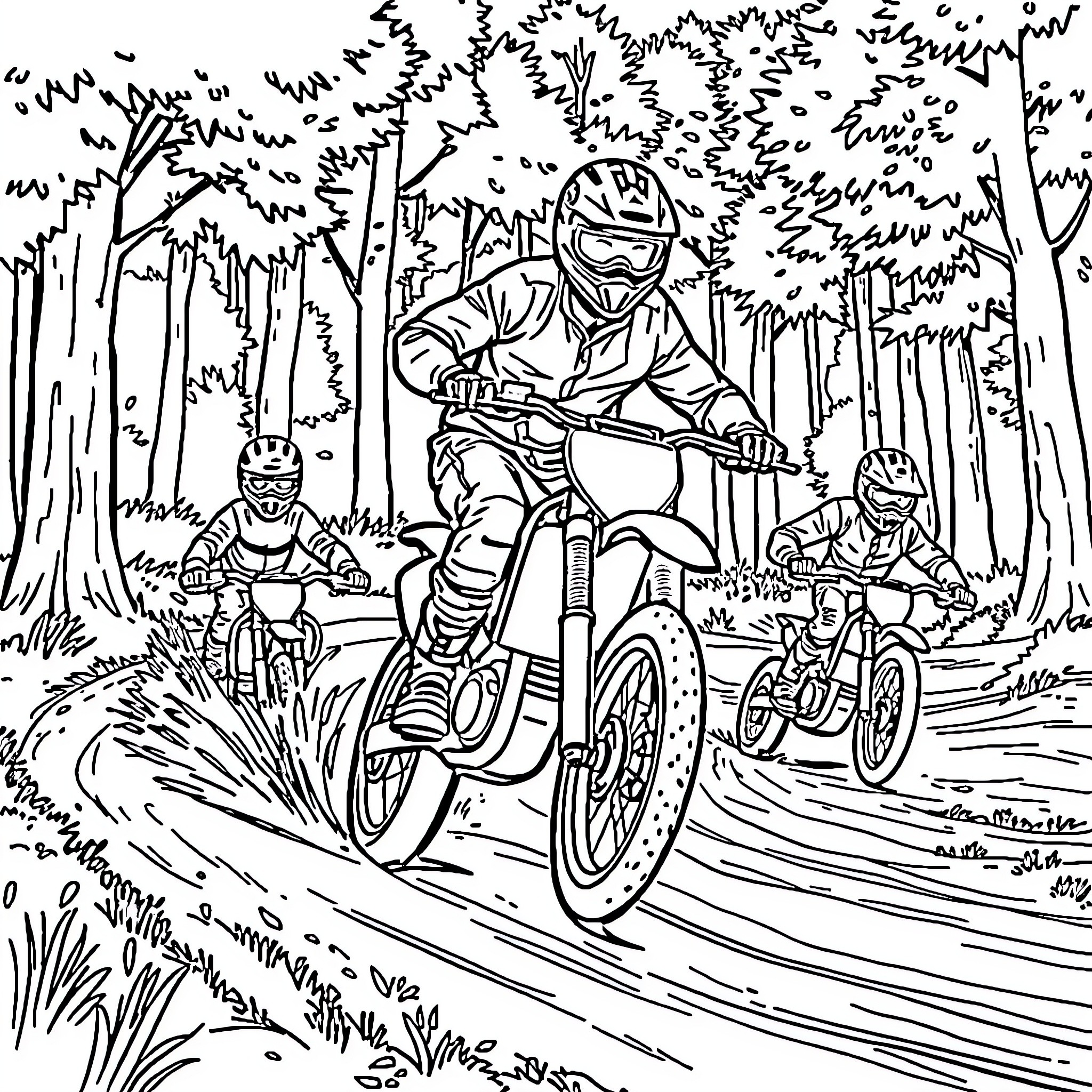 Dirt Bike Riders Navigating through Forest Coloring Page (free black-and-white line drawing printable PDF for all, from beginners to advanced learners, including children, teens, adults, and seniors)