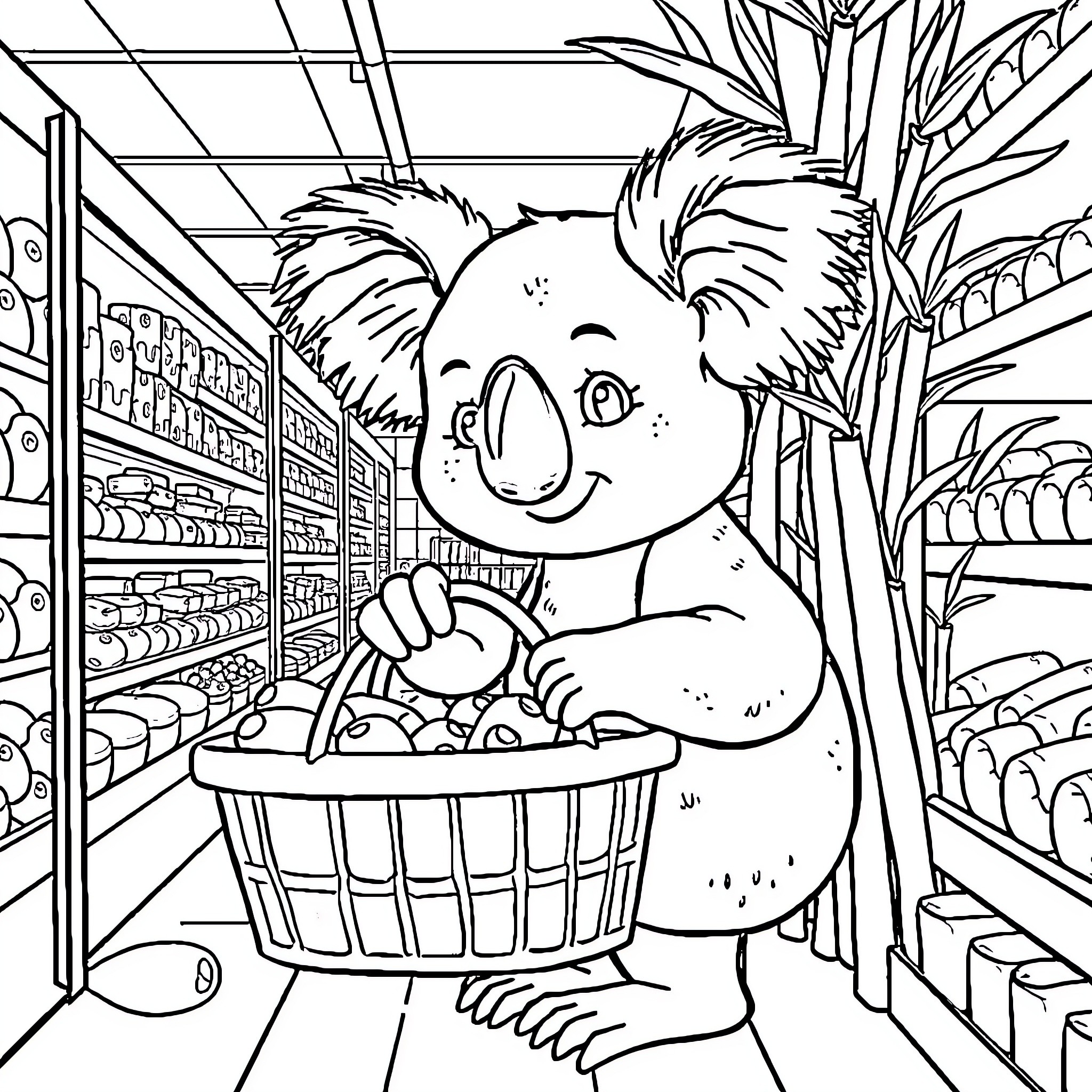 Koala shopping happily in the grocery store Coloring Page (free black-and-white line drawing printable PDF for all, from beginners to advanced learners, including children, teens, adults, and seniors)