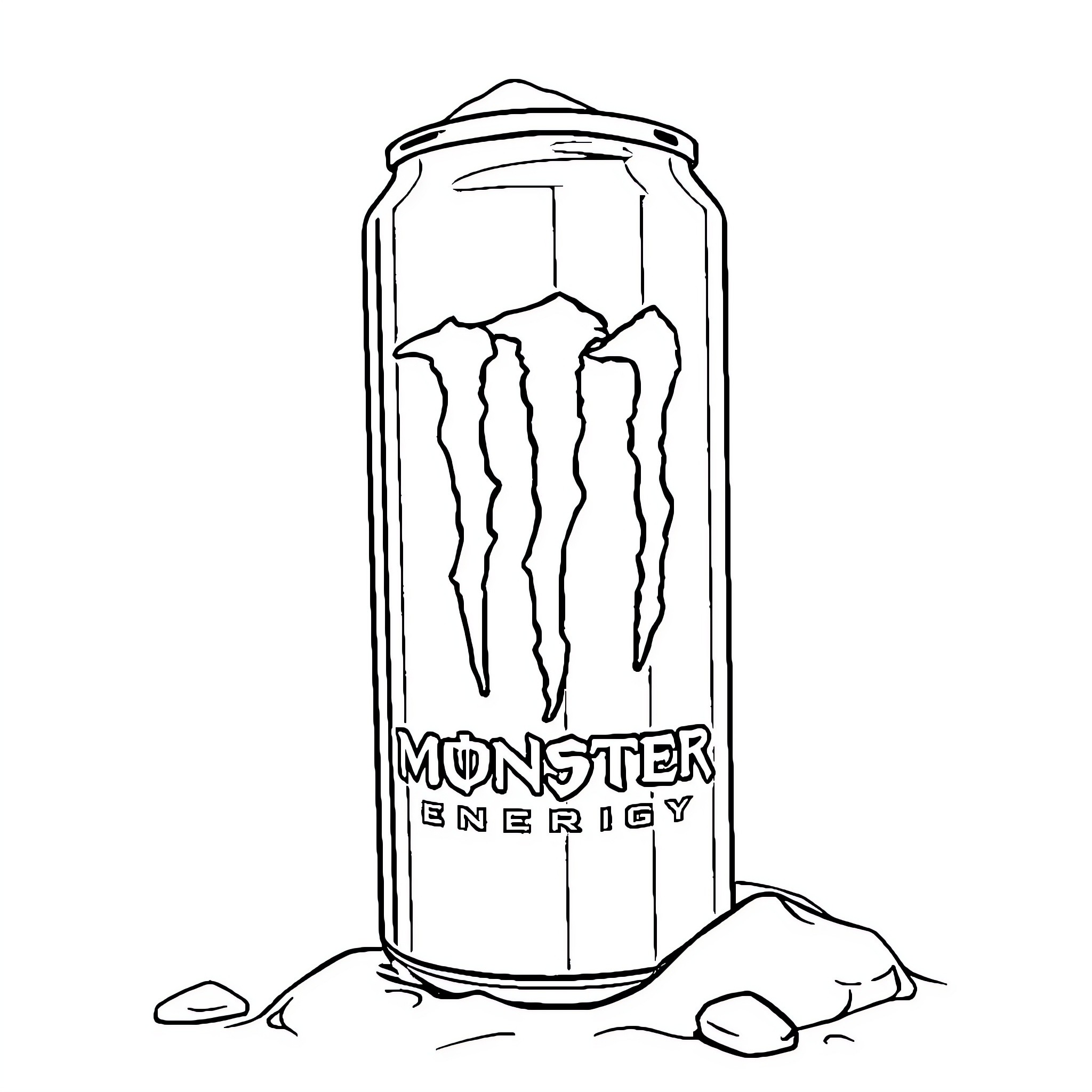 Monster energy drink can in a rocky environment Coloring Page (free black-and-white line drawing printable PDF for all, from beginners to advanced learners, including children, teens, adults, and seniors)
