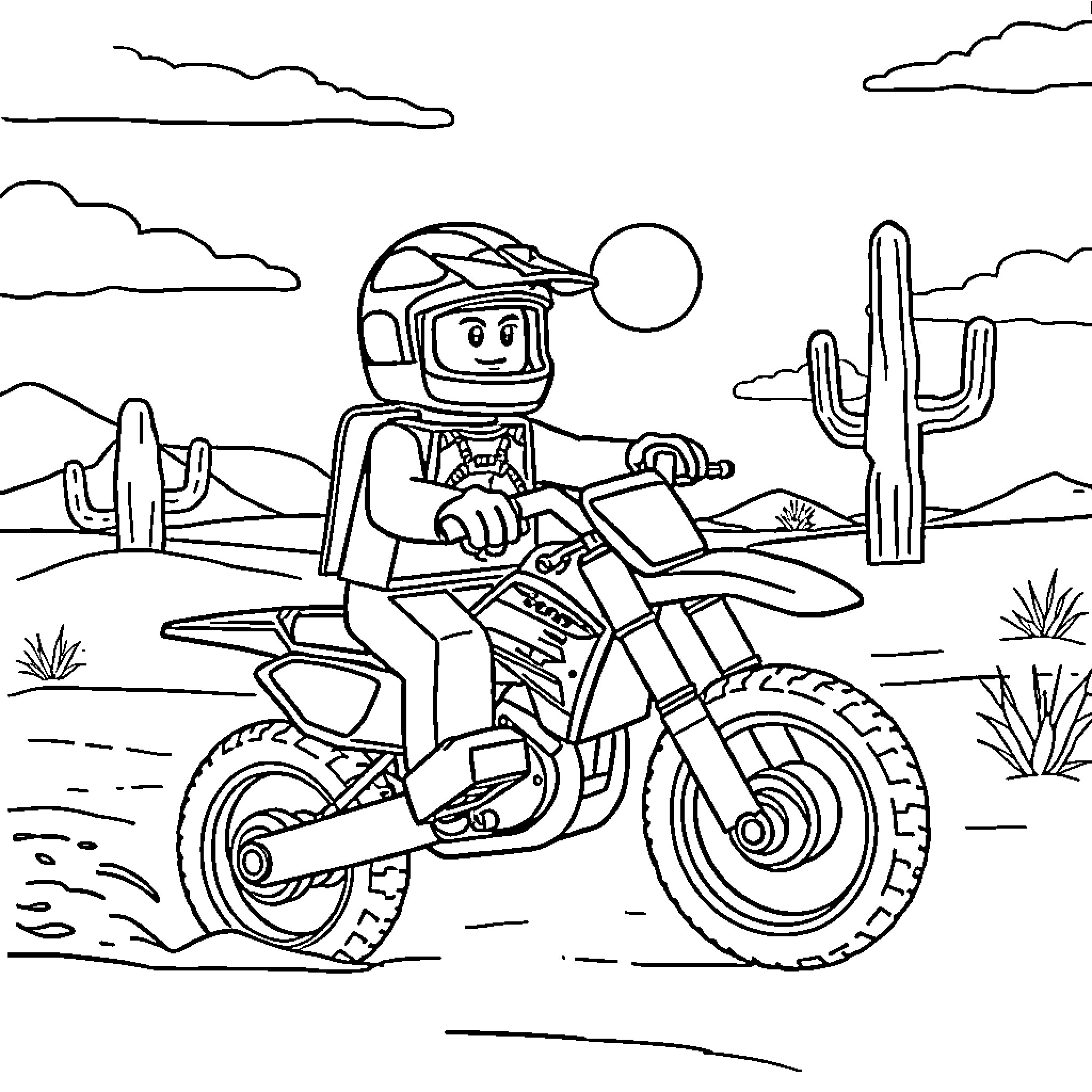 Lego Guy riding dirt bike in desert landscape Coloring Page (free black-and-white line drawing printable PDF for all, from beginners to advanced learners, including children, teens, adults, and seniors)