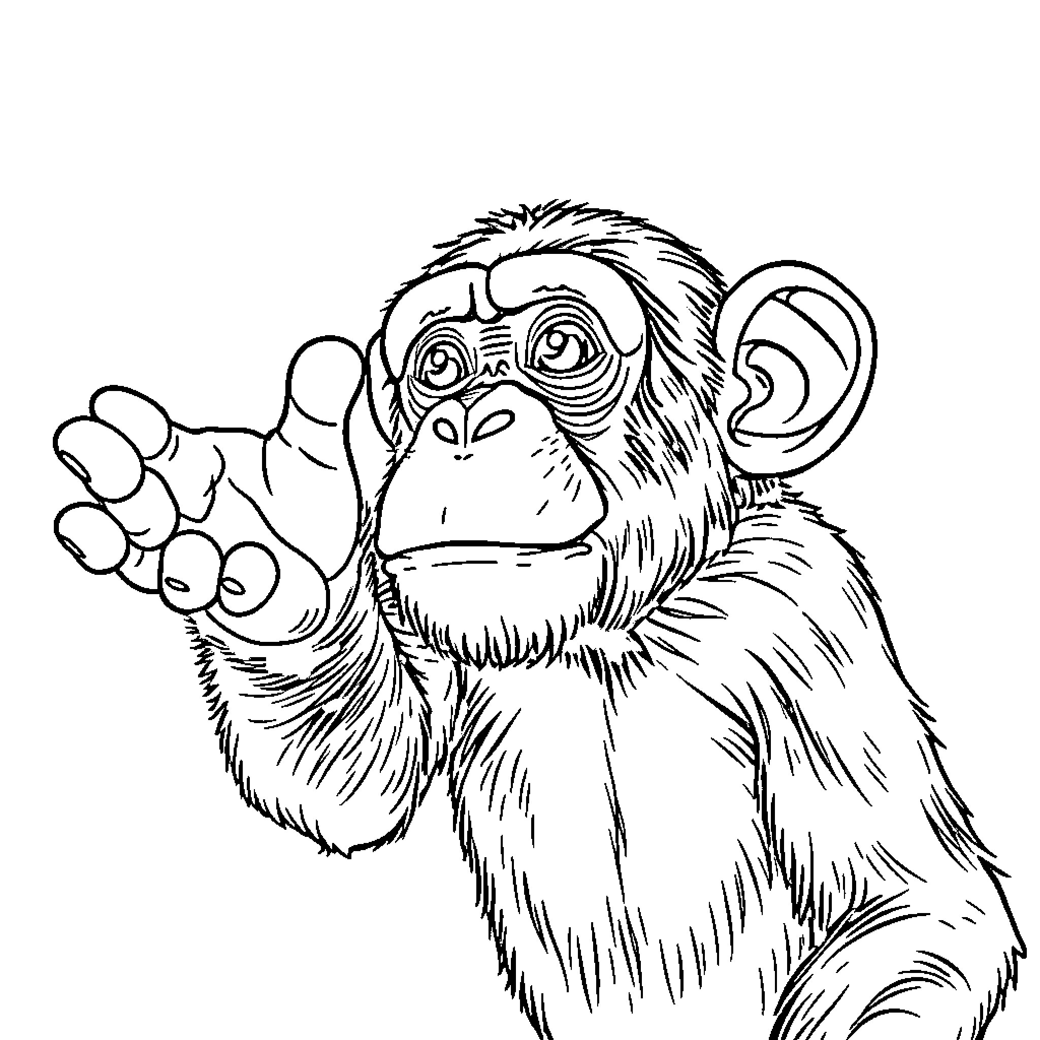 Chimp making a silly face Coloring Page (free black-and-white line drawing printable PDF for all, from beginners to advanced learners, including children, teens, adults, and seniors)
