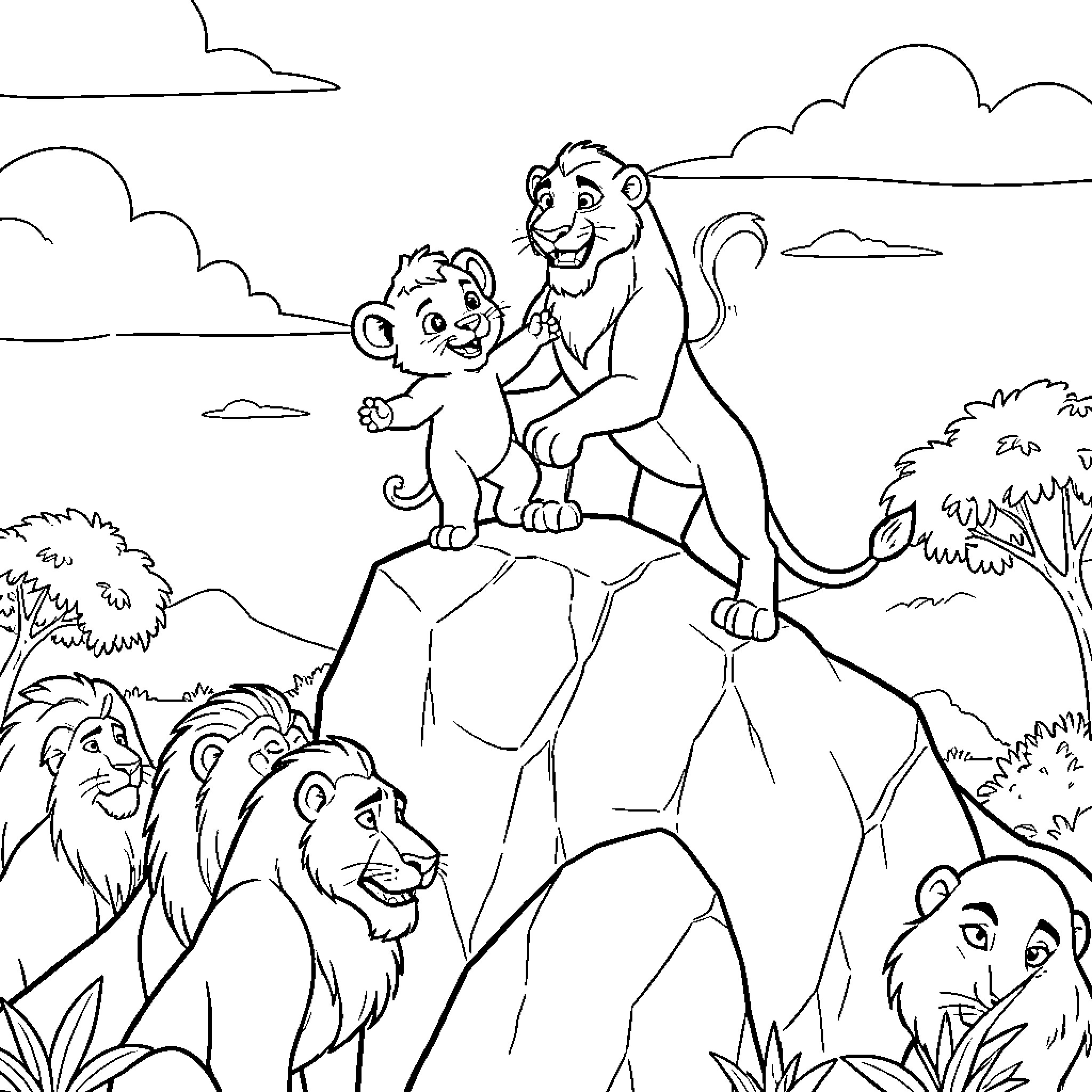 Simba playing joyfully with his family on a rock Coloring Page (free black-and-white line drawing printable PDF for all, from beginners to advanced learners, including children, teens, adults, and seniors)