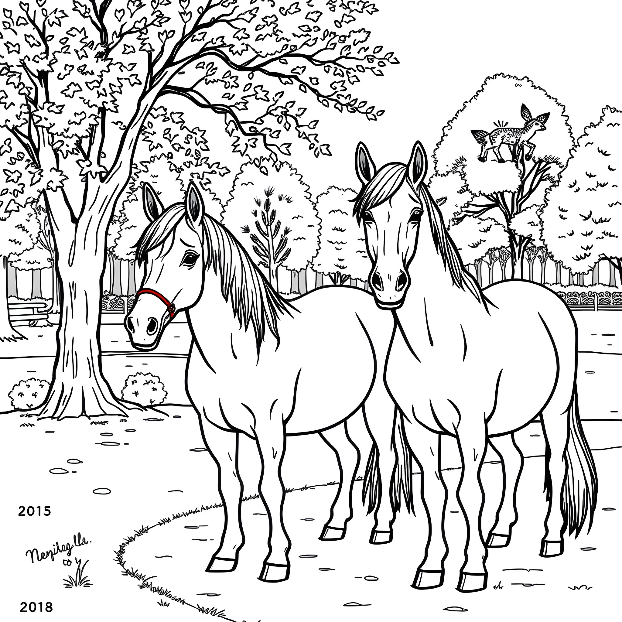 Pony Pair Frolicking in Pastoral Meadow Coloring Page (free black-and-white line drawing printable PDF for all, from beginners to advanced learners, including children, teens, adults, and seniors)