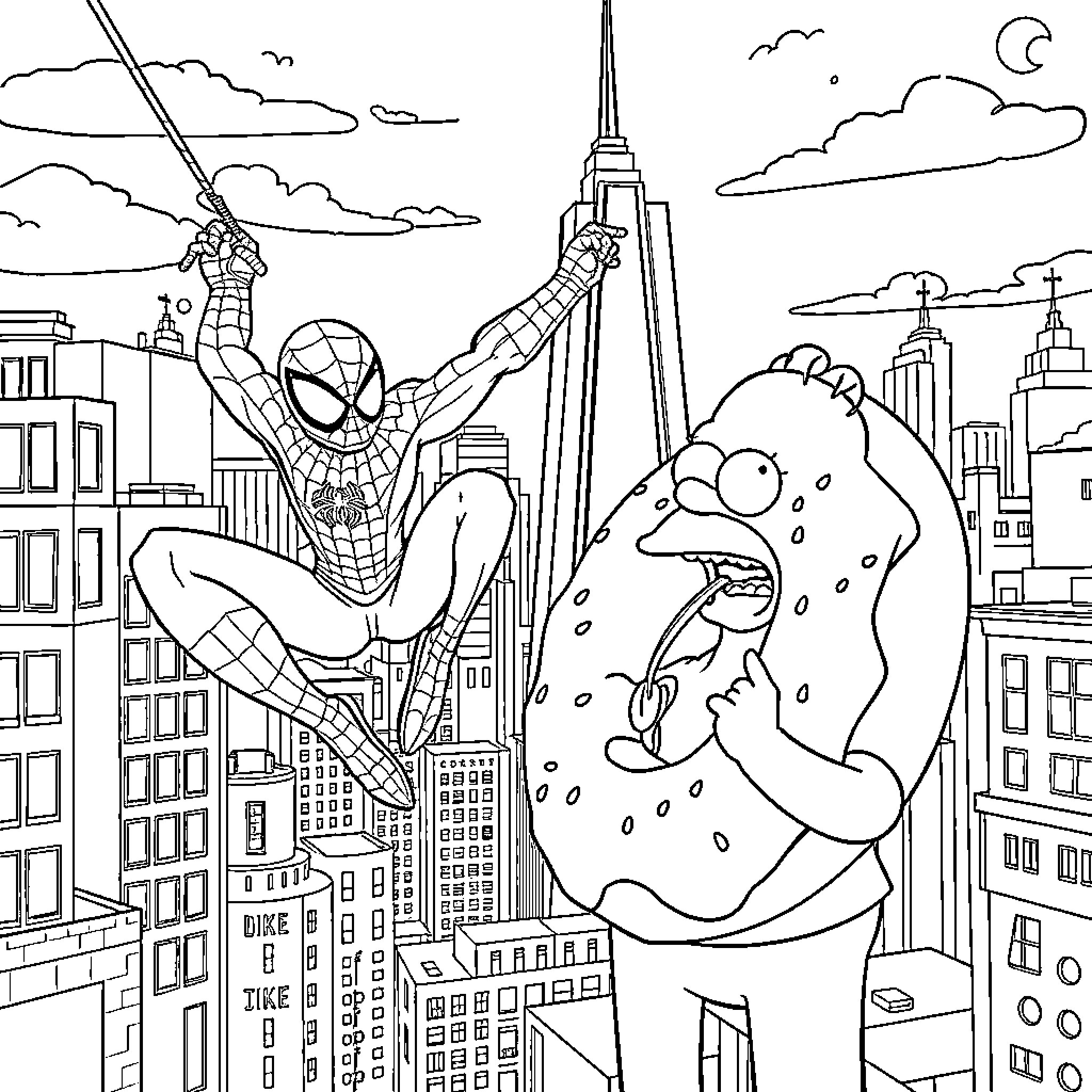 Spiderman swinging through the city and fighting a monster Coloring Page (free black-and-white line drawing printable PDF for all, from beginners to advanced learners, including children, teens, adults, and seniors)