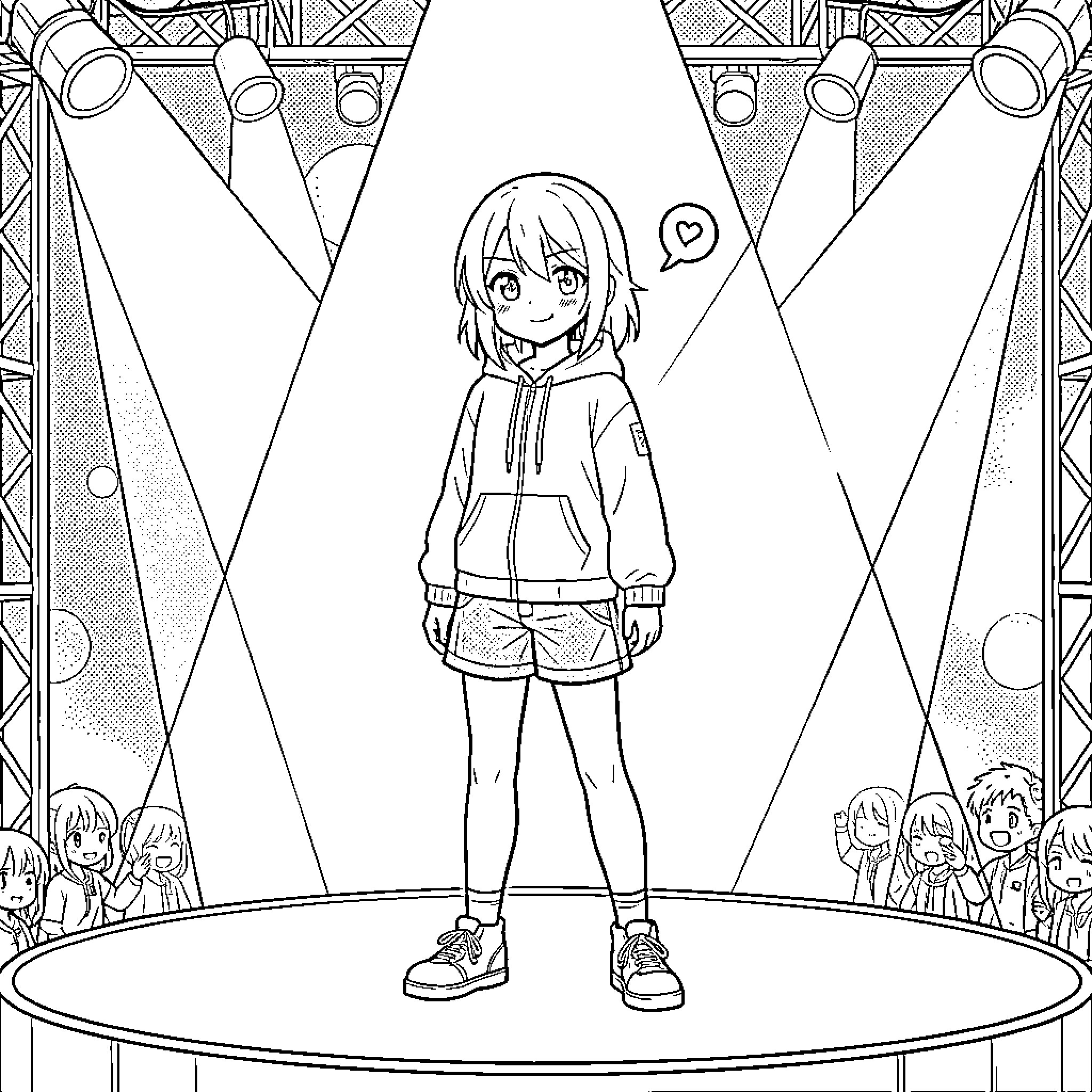 Mafuyu standing on stage under bright spotlights Coloring Page (free black-and-white line drawing printable PDF for all, from beginners to advanced learners, including children, teens, adults, and seniors)
