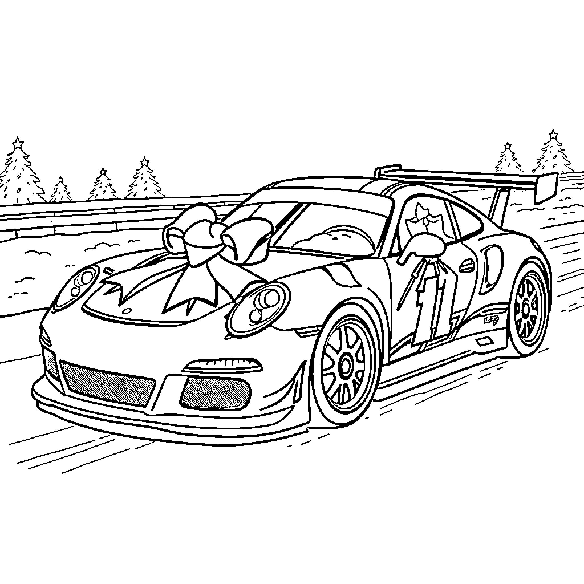 Race Car Speeding Down Mountain Road Coloring Page (free black-and-white line drawing printable PDF for all, from beginners to advanced learners, including children, teens, adults, and seniors)