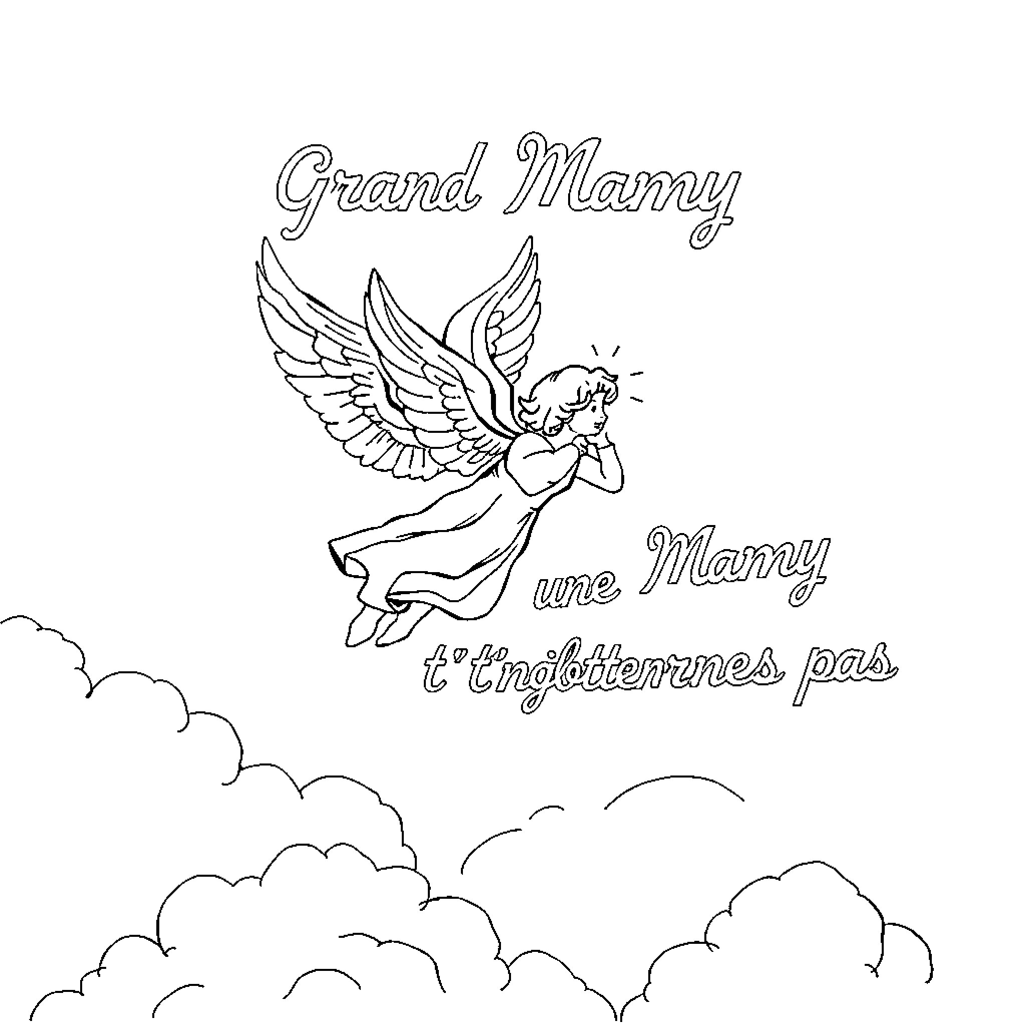 Angel guiding grandmother in the clouds Coloring Page (free black-and-white line drawing printable PDF for all, from beginners to advanced learners, including children, teens, adults, and seniors)