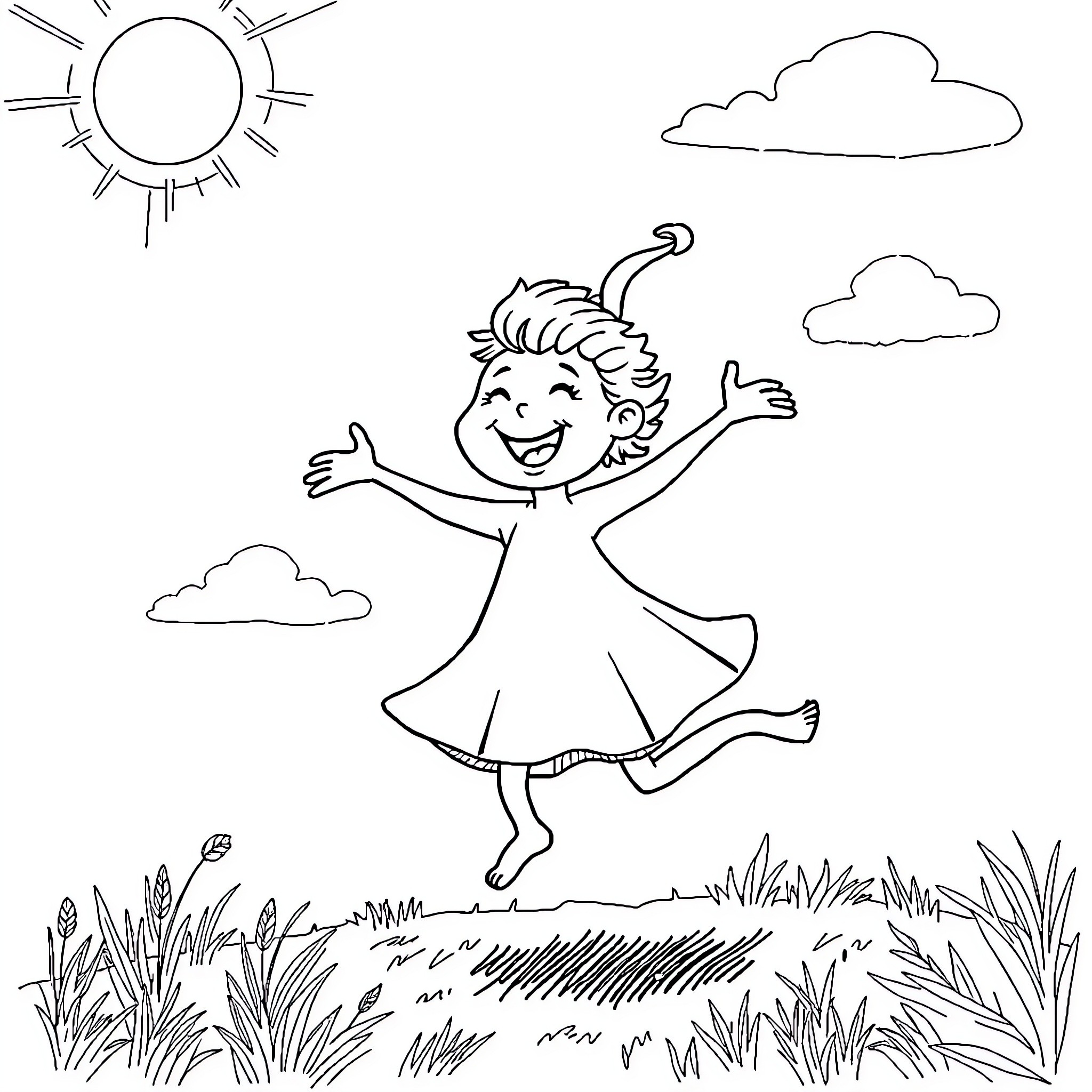 Sprunki girl joyfully dancing in the meadow Coloring Page (free black-and-white line drawing printable PDF for all, from beginners to advanced learners, including children, teens, adults, and seniors)