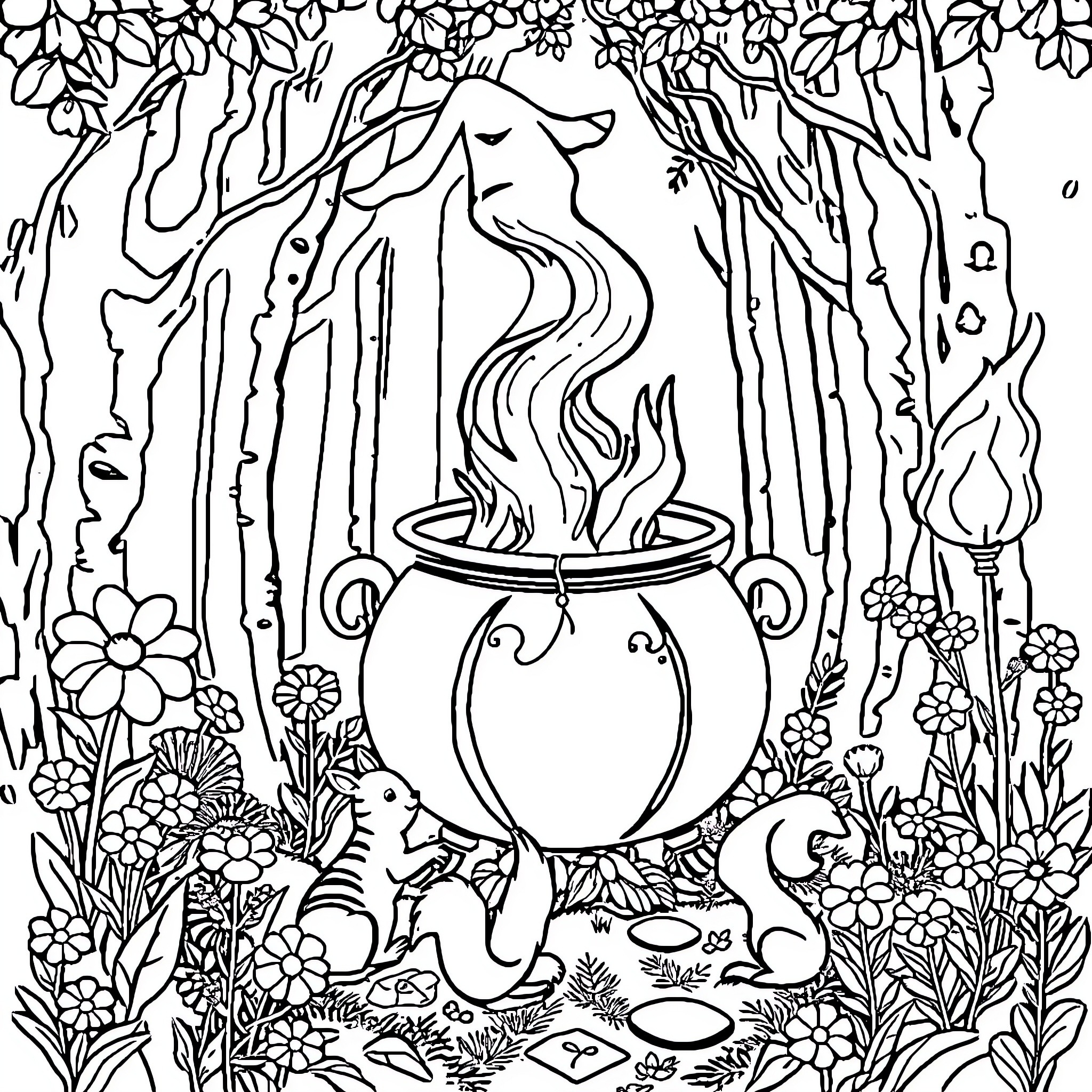 Witch brewing potion in enchanted forest Coloring Page (free black-and-white line drawing printable PDF for all, from beginners to advanced learners, including children, teens, adults, and seniors)