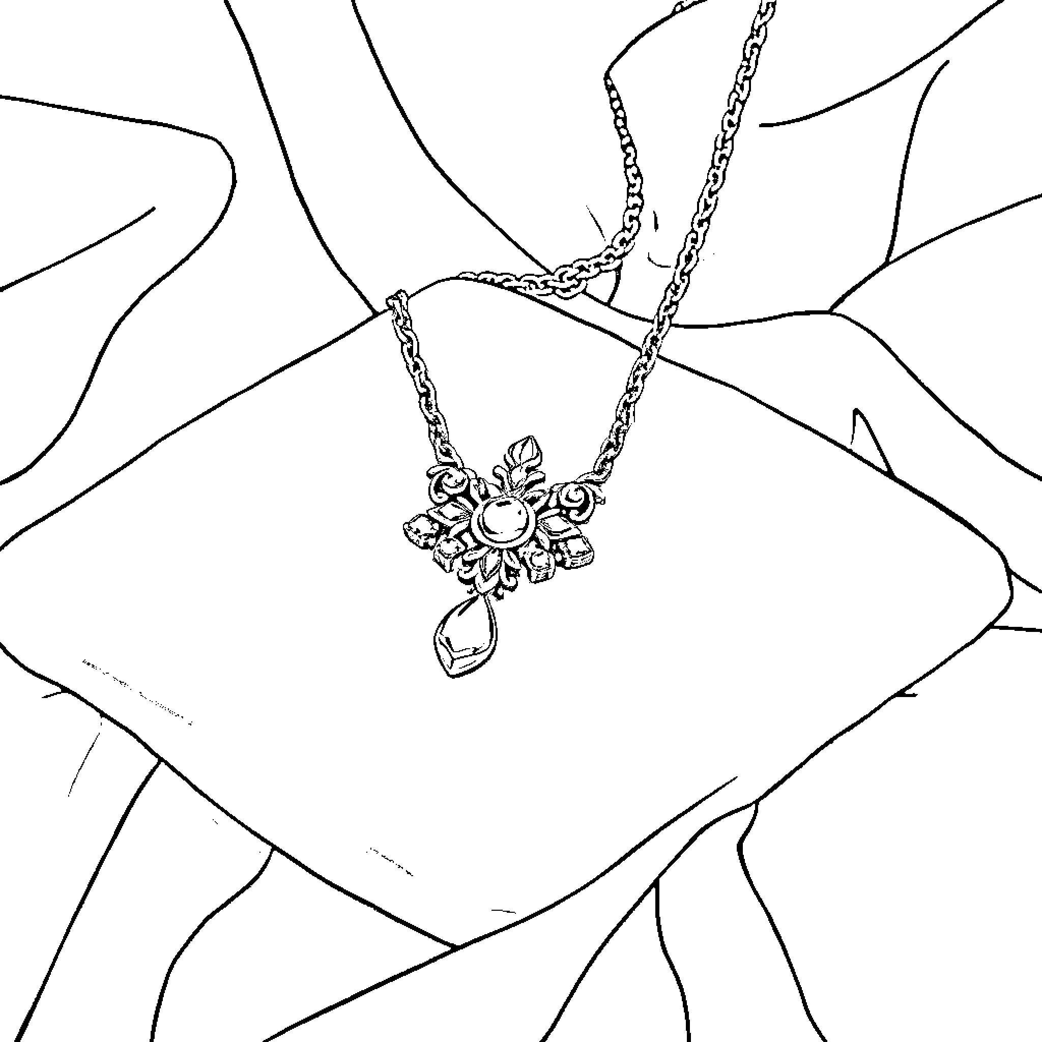 Necklace with Intricate Floral Pendant on Geometric Background Coloring Page (free black-and-white line drawing printable PDF for all, from beginners to advanced learners, including children, teens, adults, and seniors)